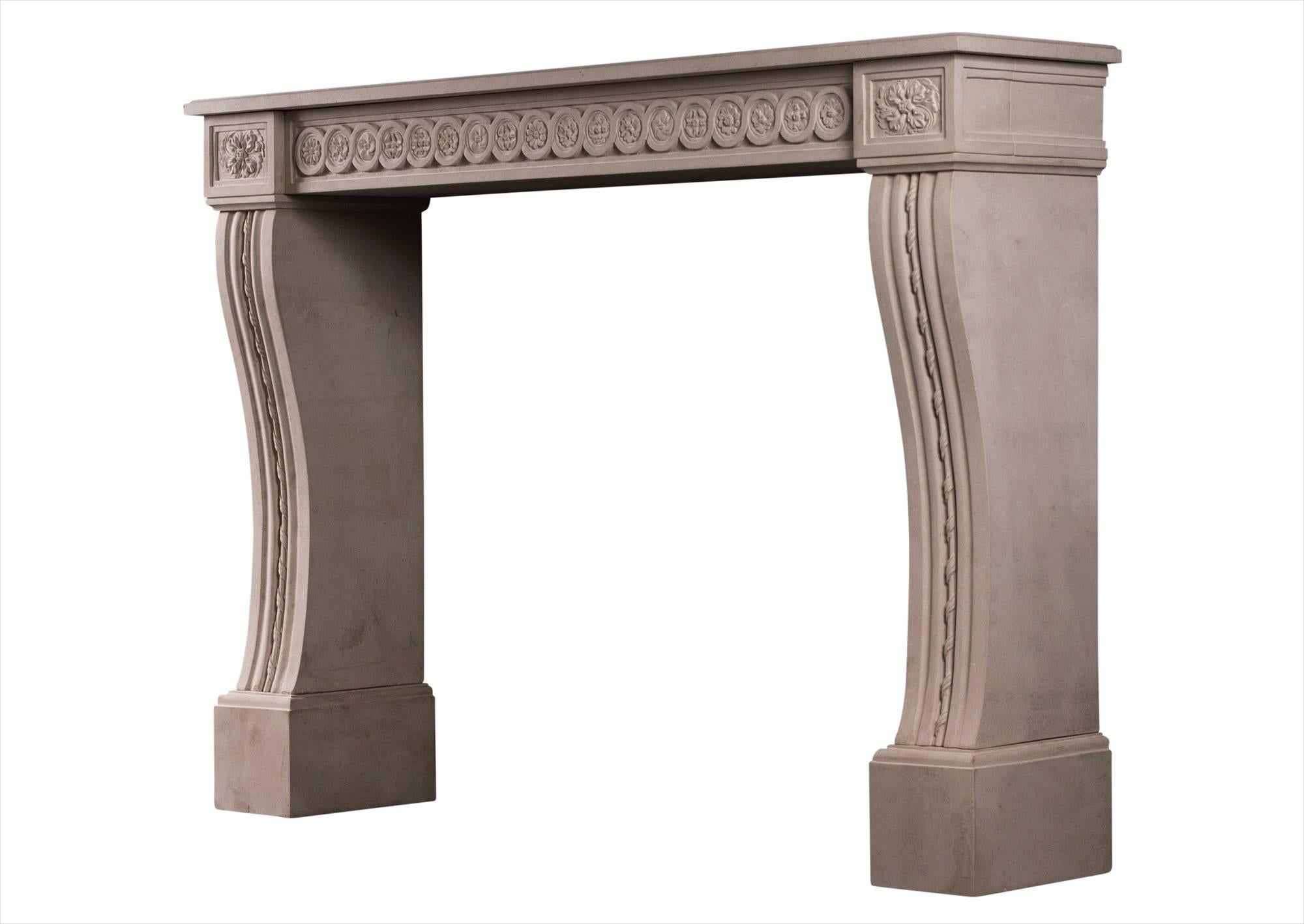 Contemporary Carved Louis XVI Style Limestone Fireplace For Sale