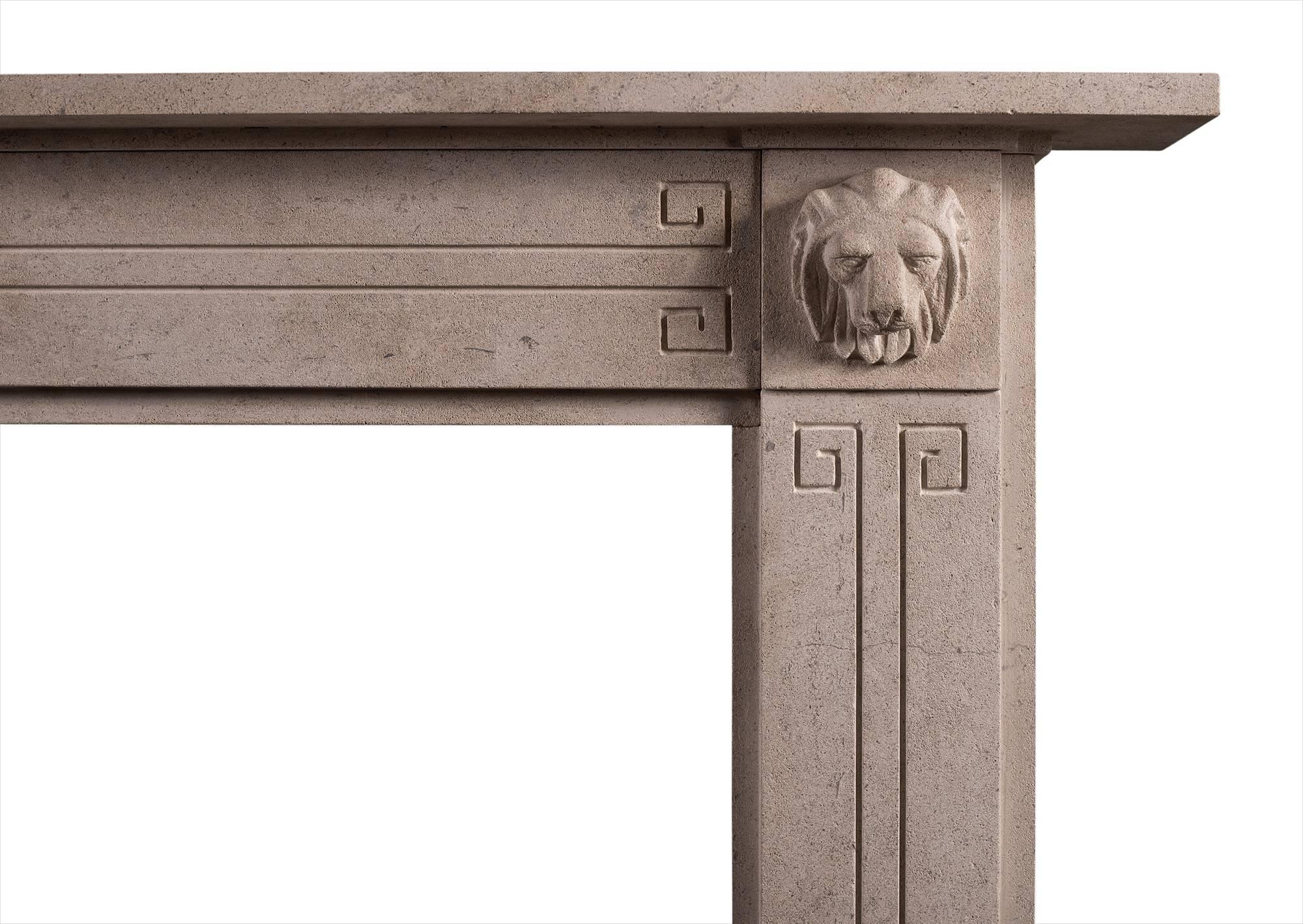 An attractive English bath stone fireplace in the Regency style. The jambs and frieze with Greek key motif, the end blockings with carved lion’s masks with moulded shelf above. A fine quality copy of a period piece.

Shelf width - 1525 mm 60