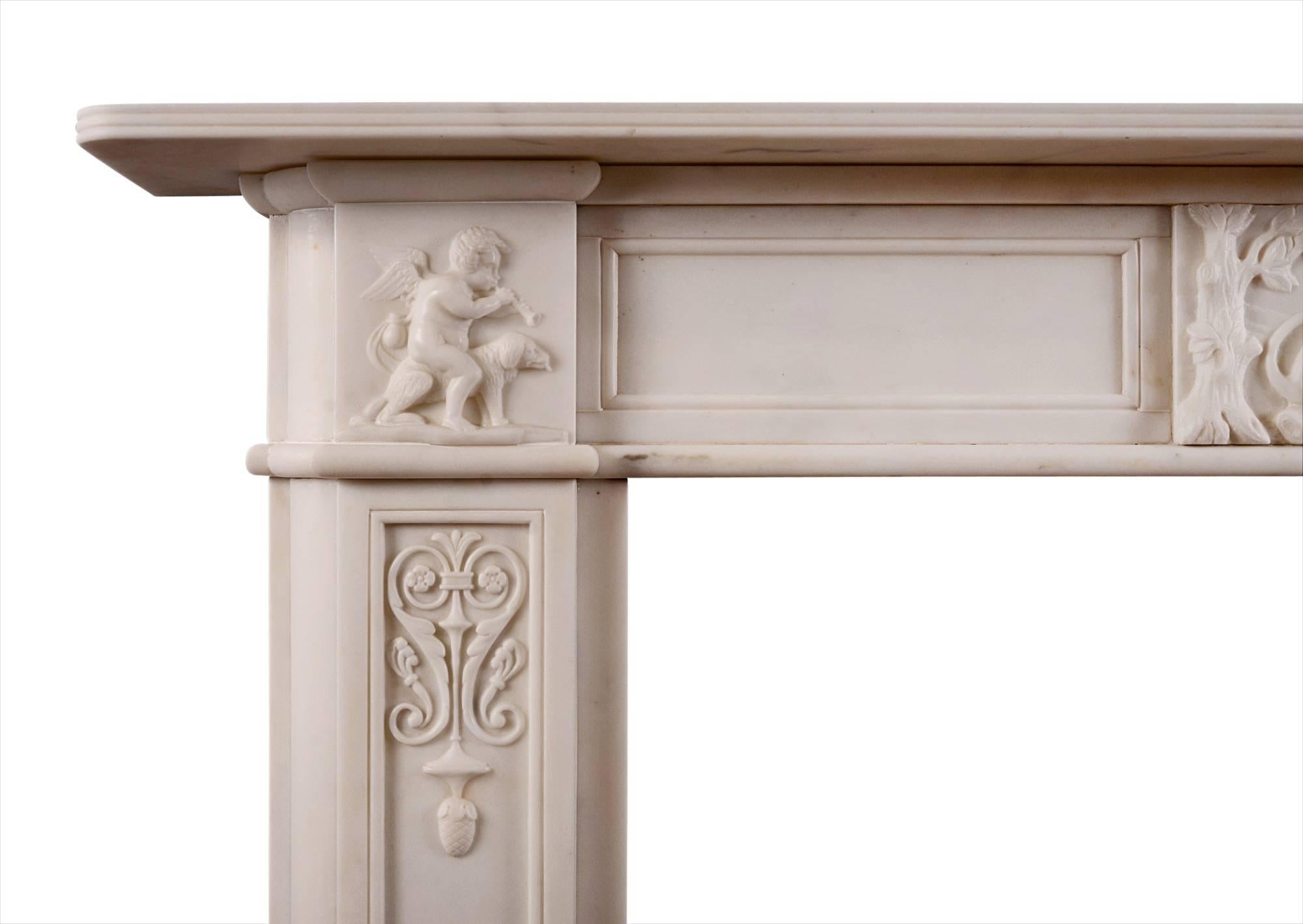 A period English Regency fireplace in good quality white statuary marble. The panelled frieze with carved centre plaque featuring reclining lion amongst nature setting, the end blocks with carved Putti and animals. The panelled jambs carved with