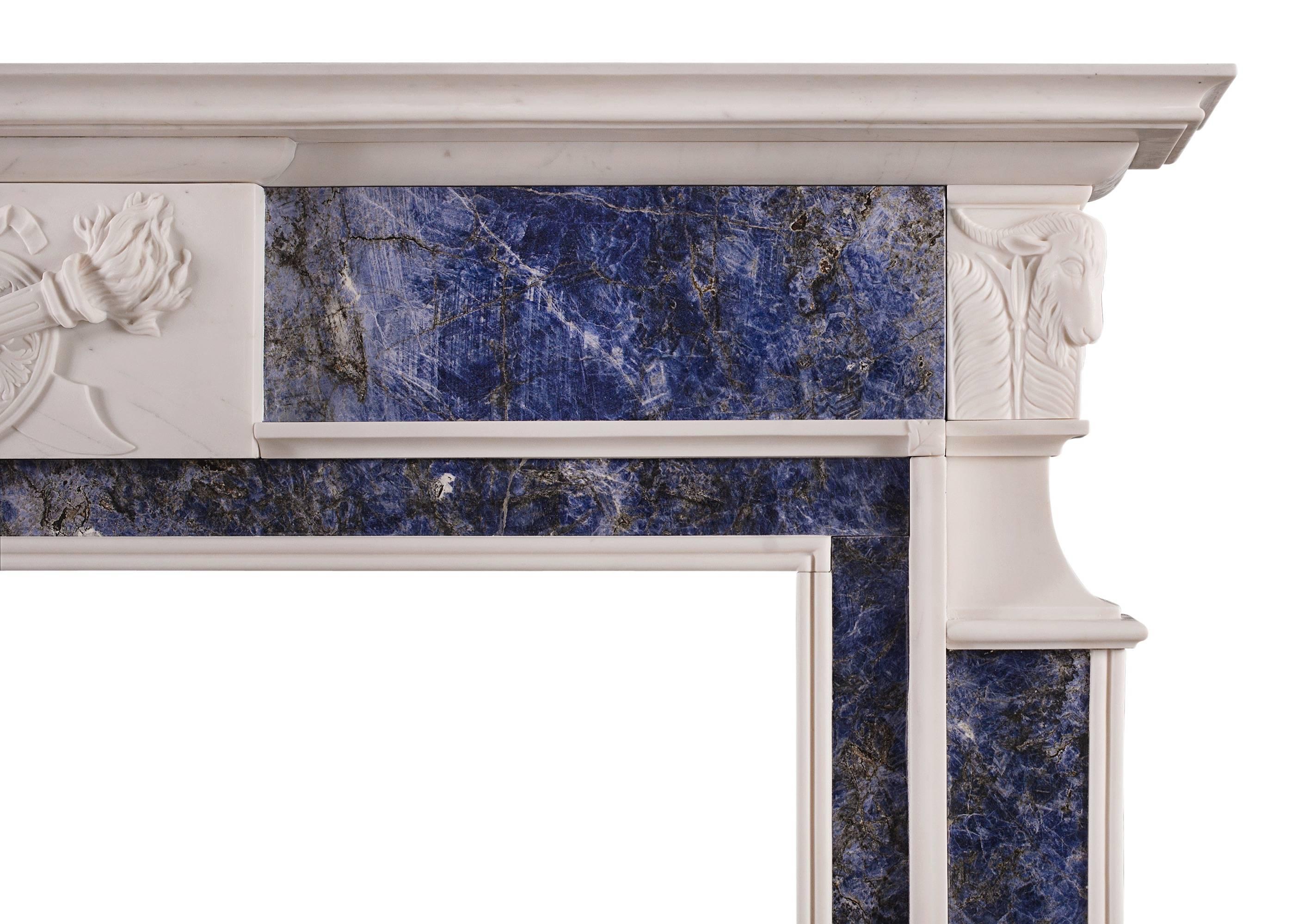 George III Late Georgian White Marble Fireplace with Blue Inlay For Sale
