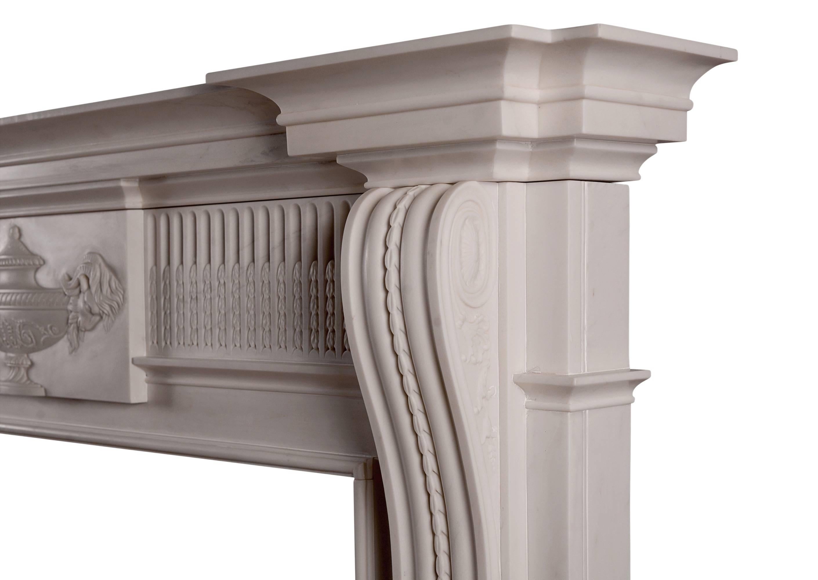 English Georgian Style White Marble Fireplace with Carved Brackets For Sale