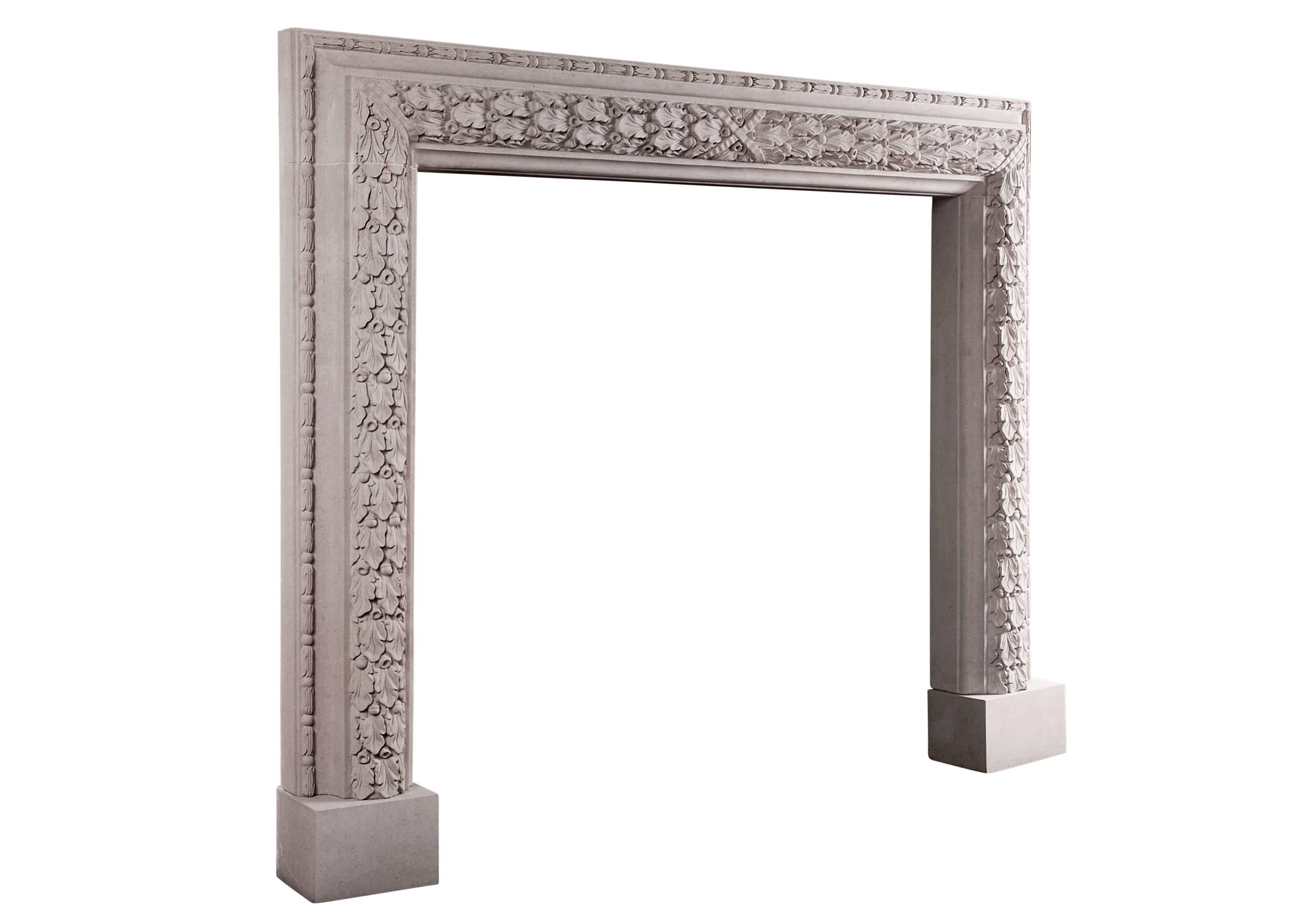 An elegant and understated Portland stone bolection molded fireplace with carved oak leaf decoration and cross banded centre ribbon. A copy of a period original. Could be made to any size in various materials if required.

Measures: Shelf width -