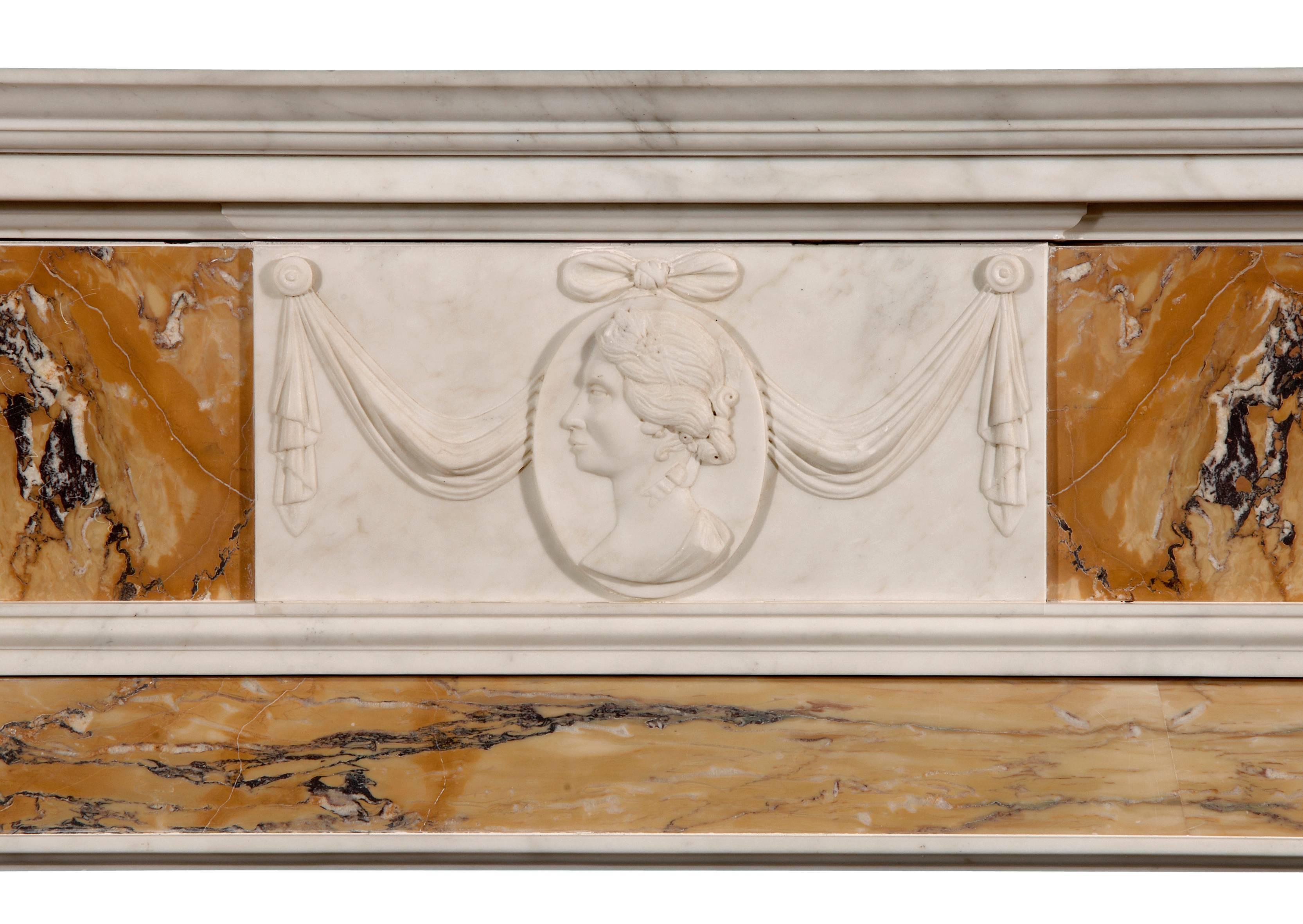 Siena Marble English George III Style Statuary and Inlaid Sienna Fireplace For Sale