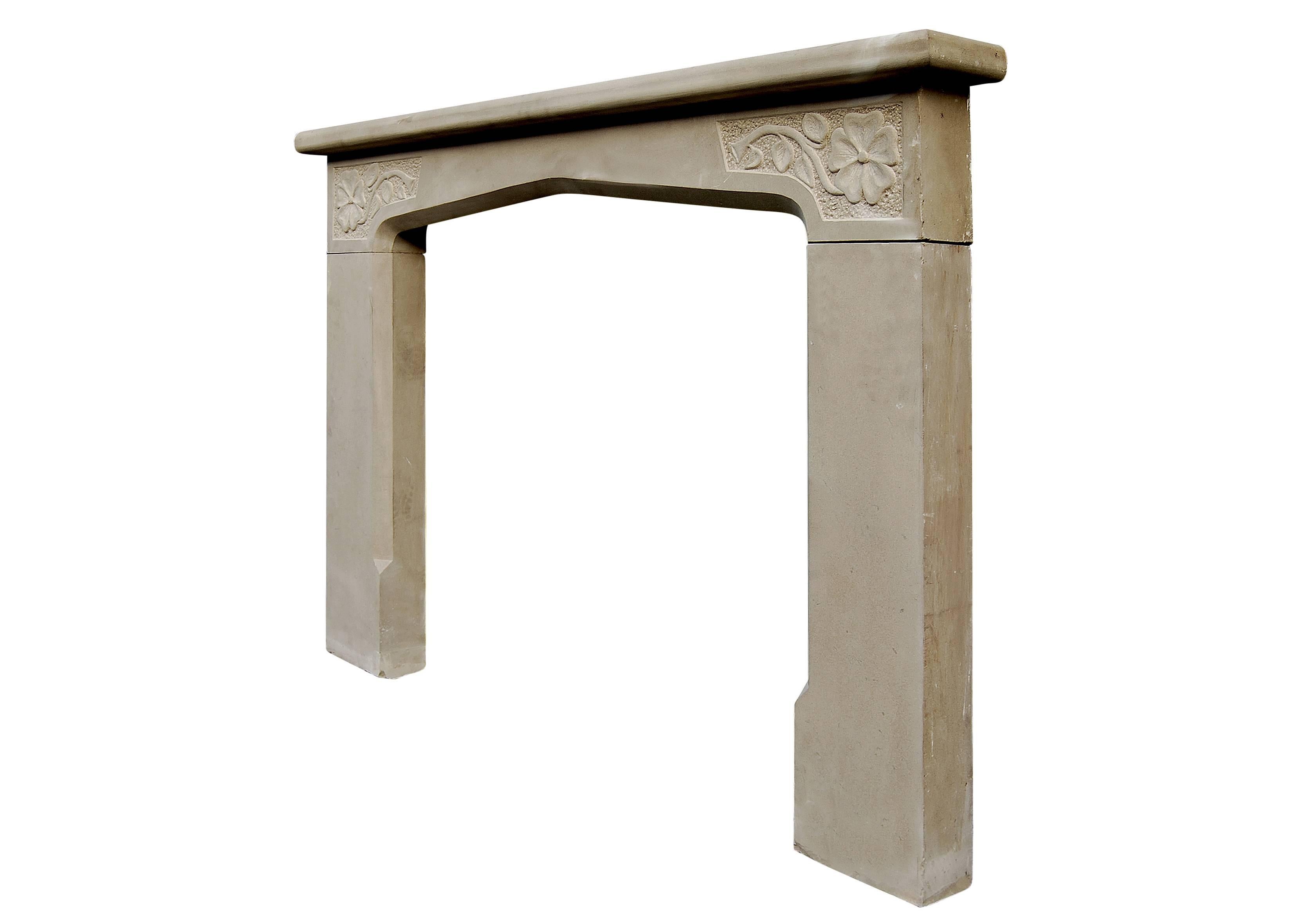 A 20th century limestone English fireplace with carved Tudor roses to frieze, plain jambs with bevelled inside edge.
Measures:
Shelf width 1524 mm 60 in.
Overall height 1054 mm 41 ½ in.
Opening height 902 mm 35 ½ in.
Opening width 1010 mm 39 ¾