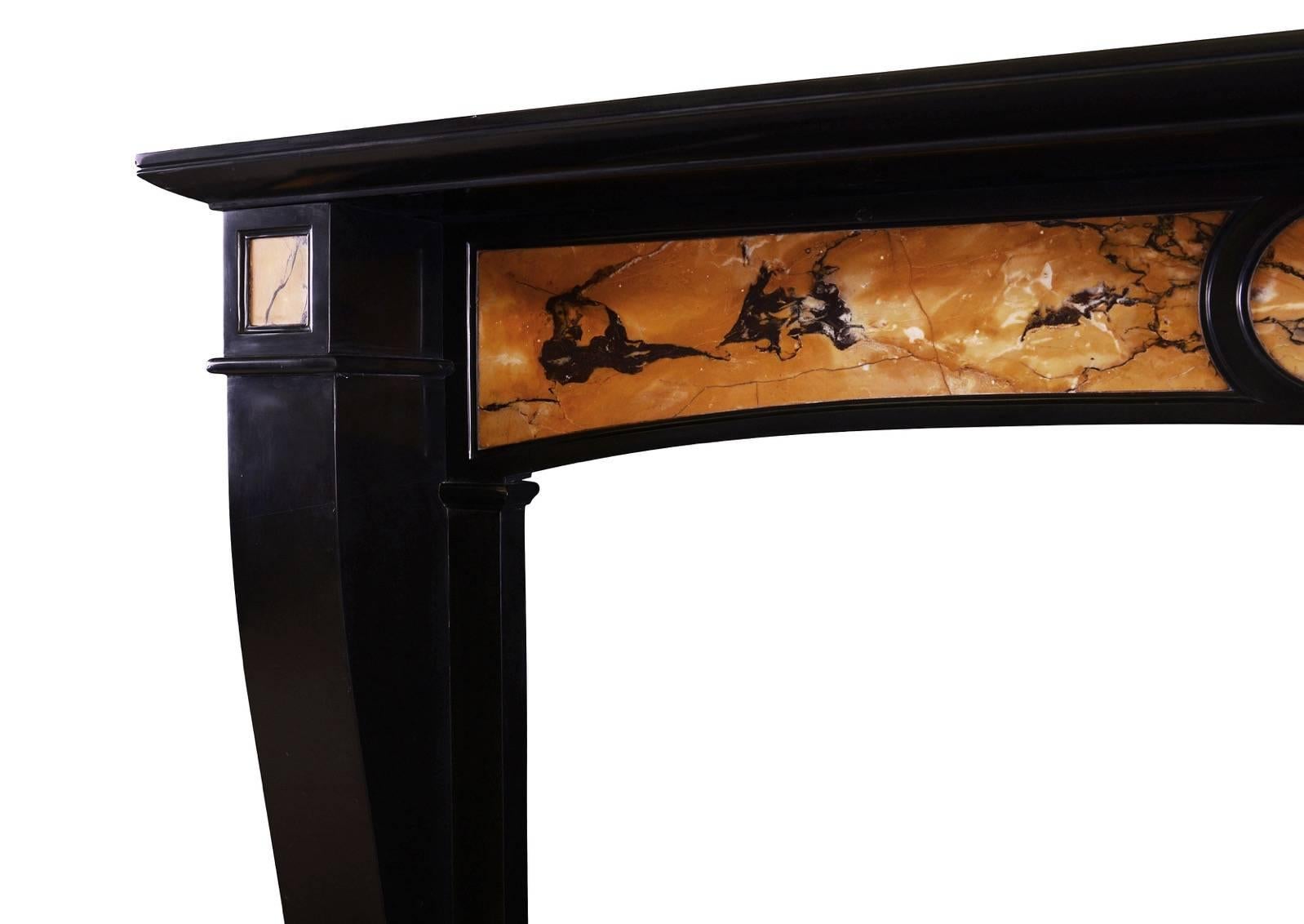French Belgian Black and Italian Siena Marble Fireplace Mantel For Sale