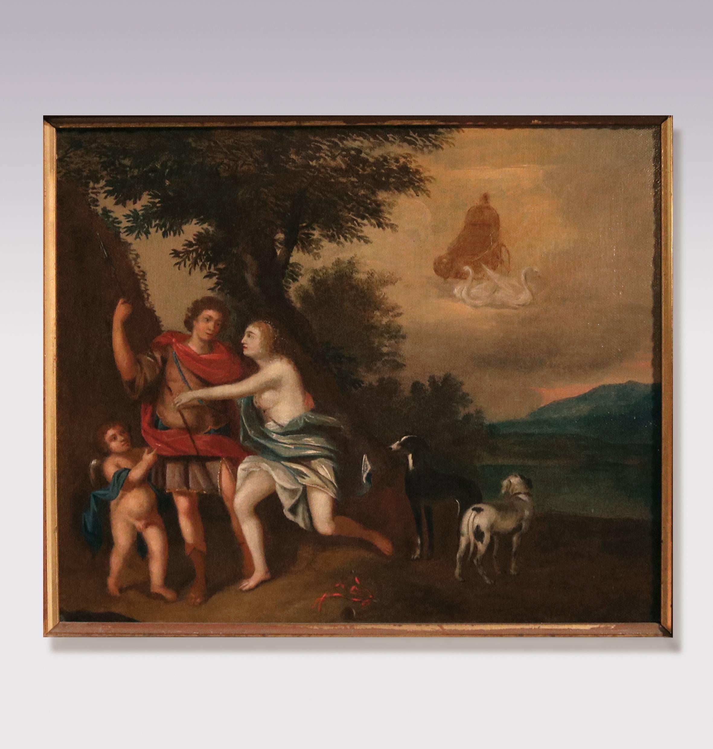Ein Ölgemälde aus dem frühen 18. Jahrhundert aus der Schule von Jan van Neck (1635-1714), Amsterdam, das mythologische Themen darstellt, wahrscheinlich Venus, Amor und Mars mit Hunden, die von Apollo bewacht werden.