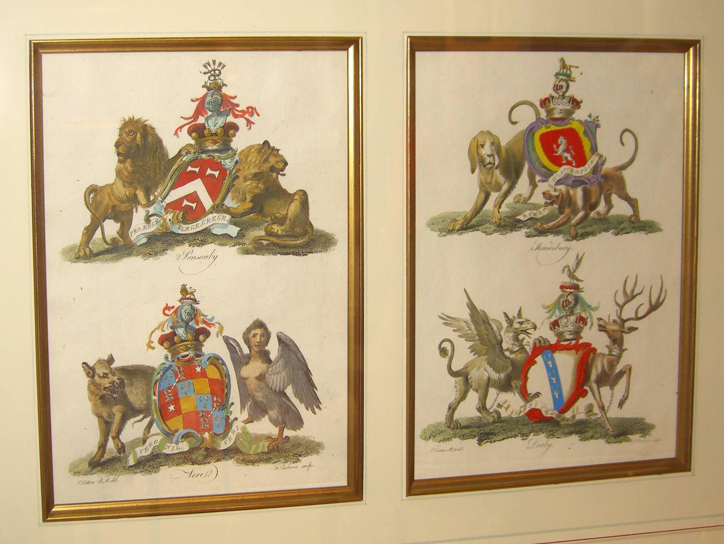 A pair of late 18th century, later hand-colored, Heraldic prints. “English Peerage” published by Christopher Catton, Strand, London.