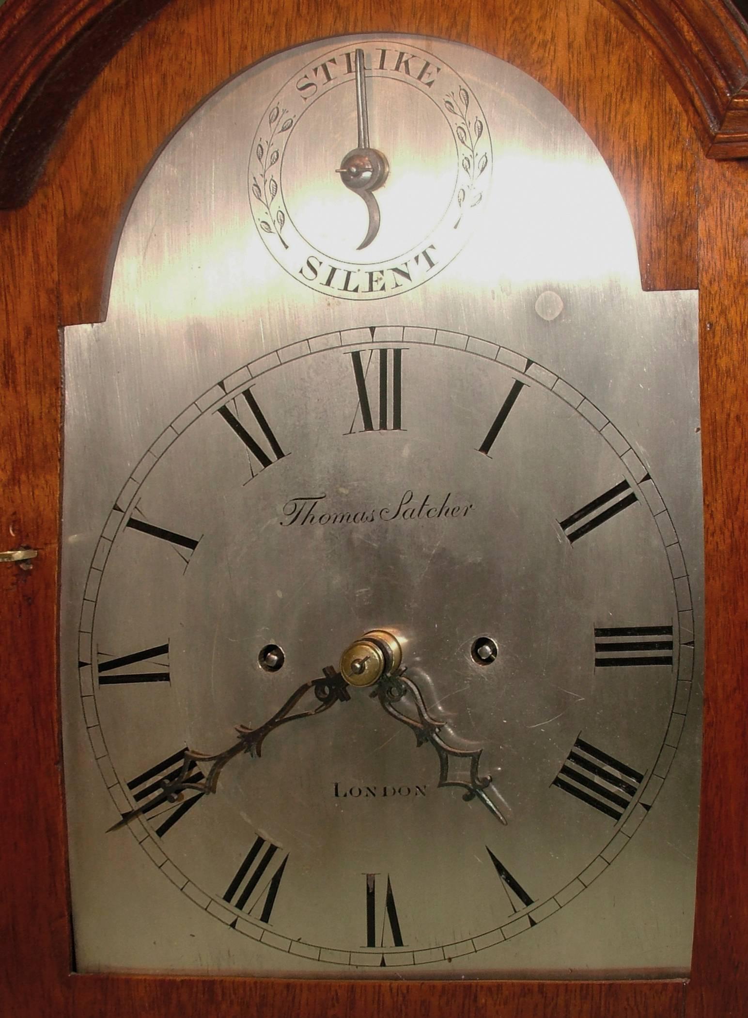 A late 18th century bracket clock by Thomas Satcher of London, having eight day striking movement with silver dial and finely engraved backplate, mounted in figured mahogany dome-top case with applied brass mouldings and well-shaped carrying handle,