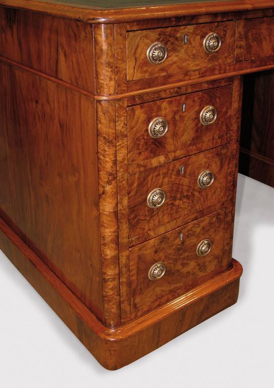 19th Century walnut and burr walnut pedestal desk with blue leather top