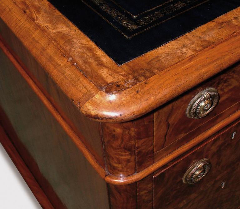 19th Century walnut and burr walnut pedestal desk with blue leather top