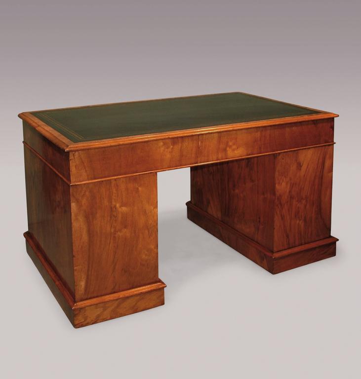 19th Century walnut and burr walnut pedestal desk with blue leather top