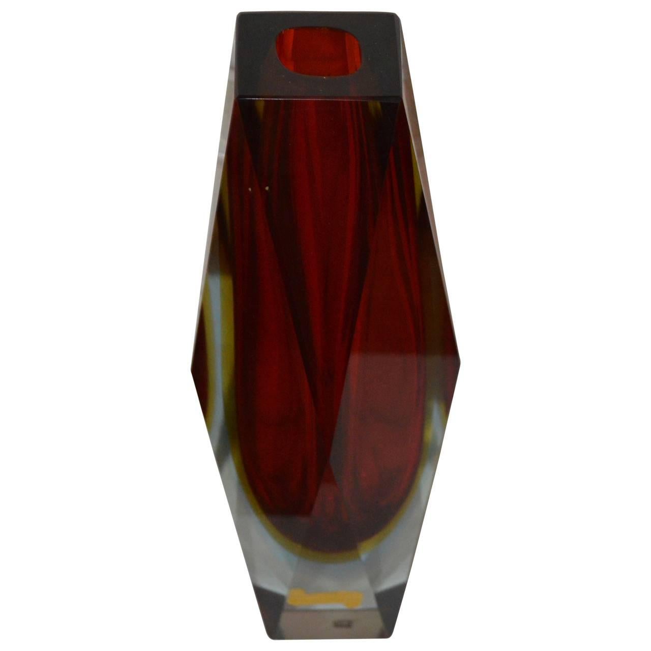 Mid-Century Modern Large Red Faceted Murano Vase
