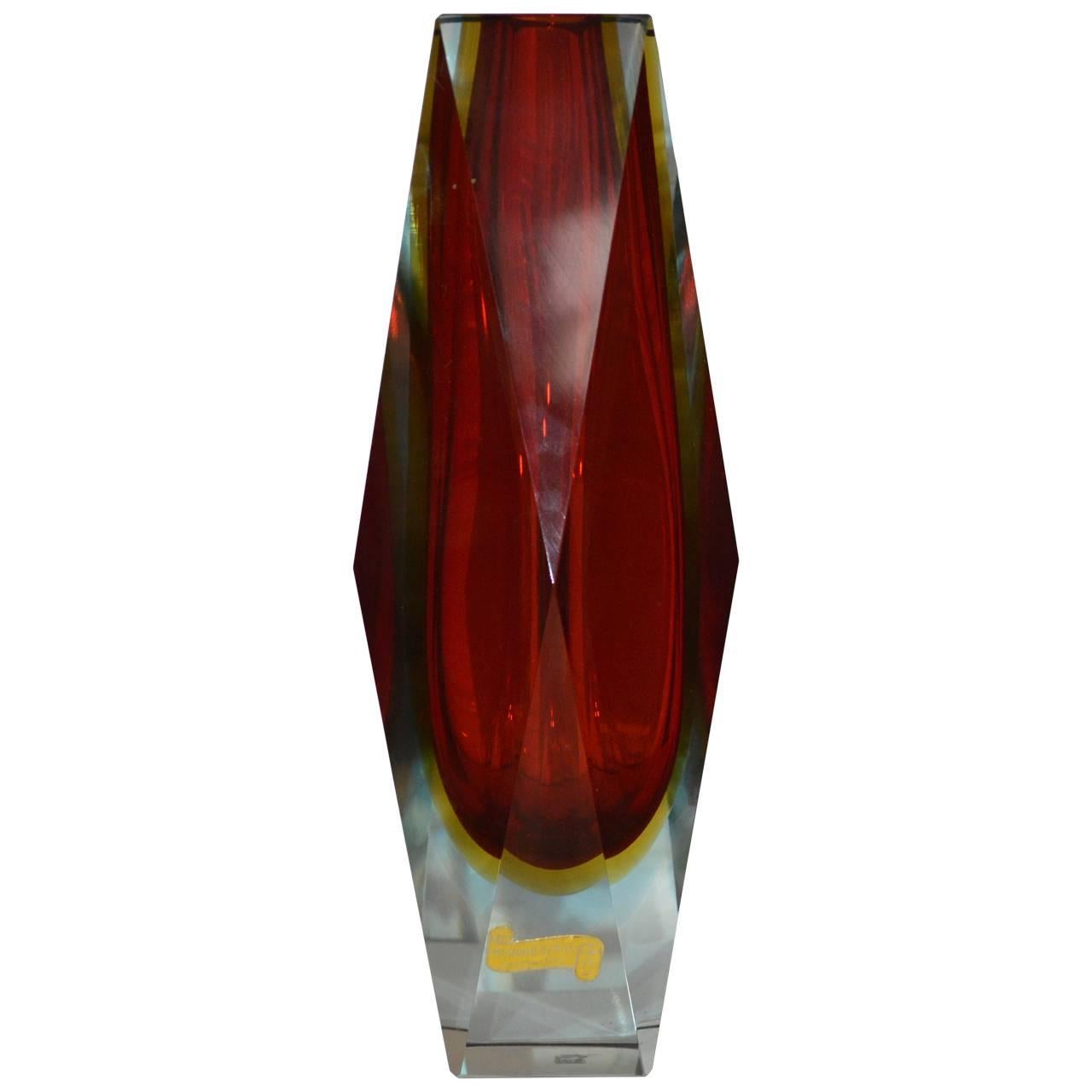 Amazing large red faceted Sommerso Murano vase.