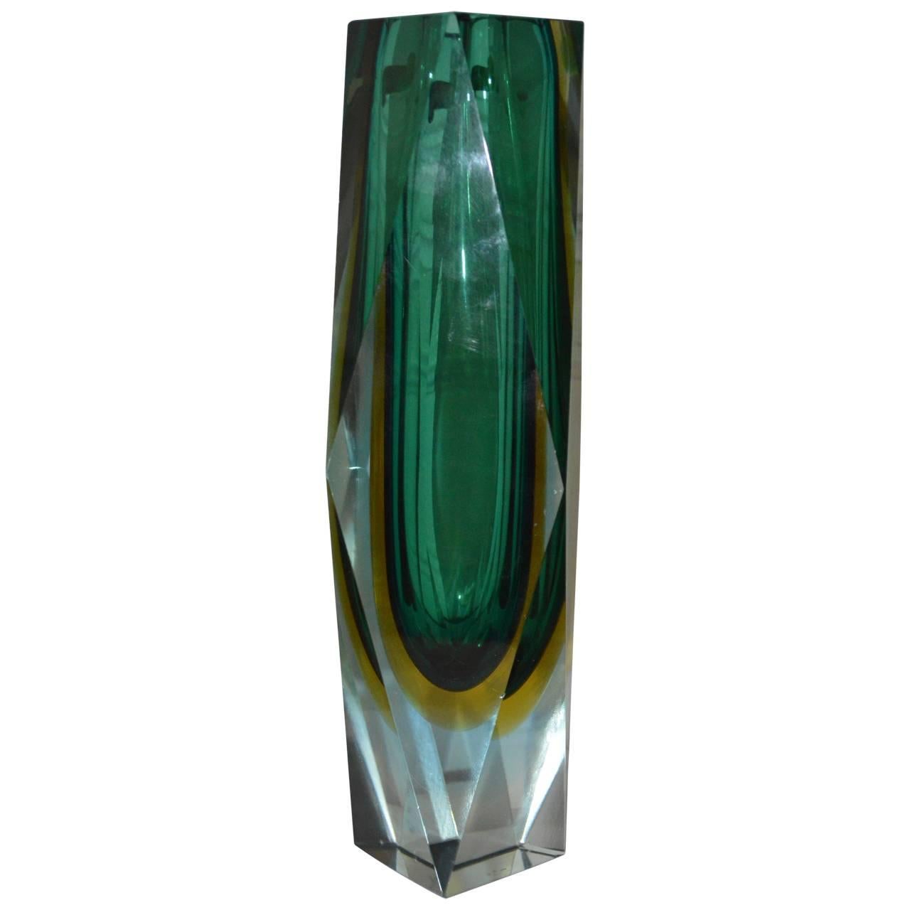 Italian Large Green Faceted Murano Vase