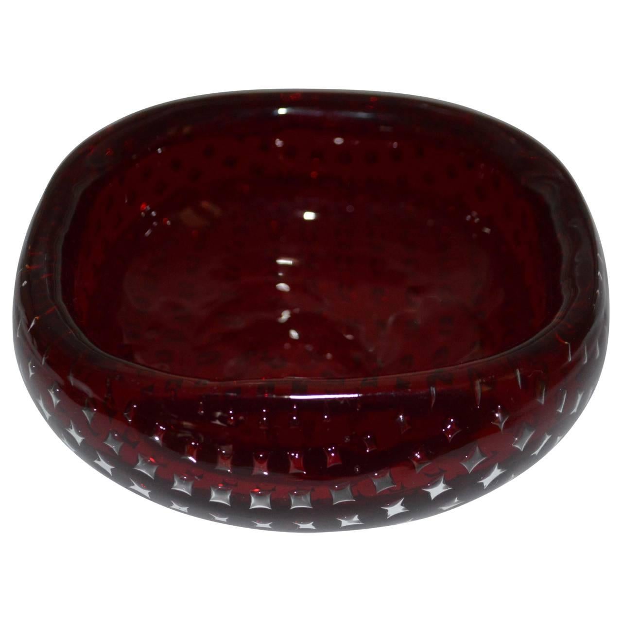 Mid-Century Modern Murano Ruby Glass Bowl with Controlled Bubble Pattern
