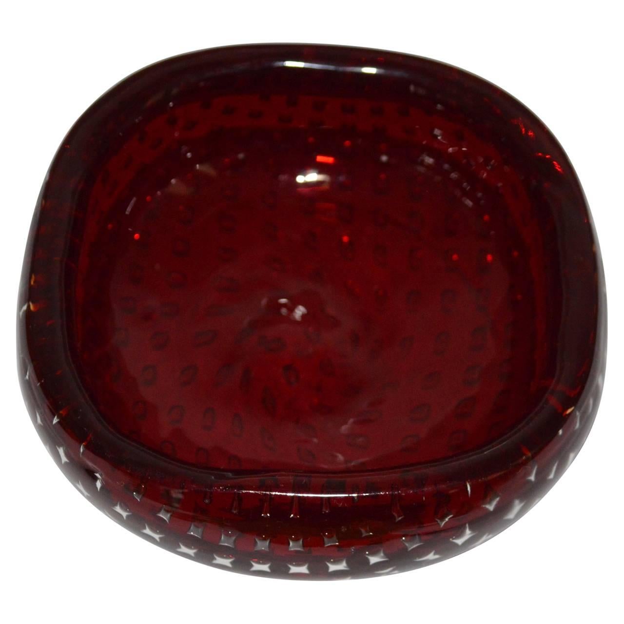 Italian Murano Ruby Glass Bowl with Controlled Bubble Pattern