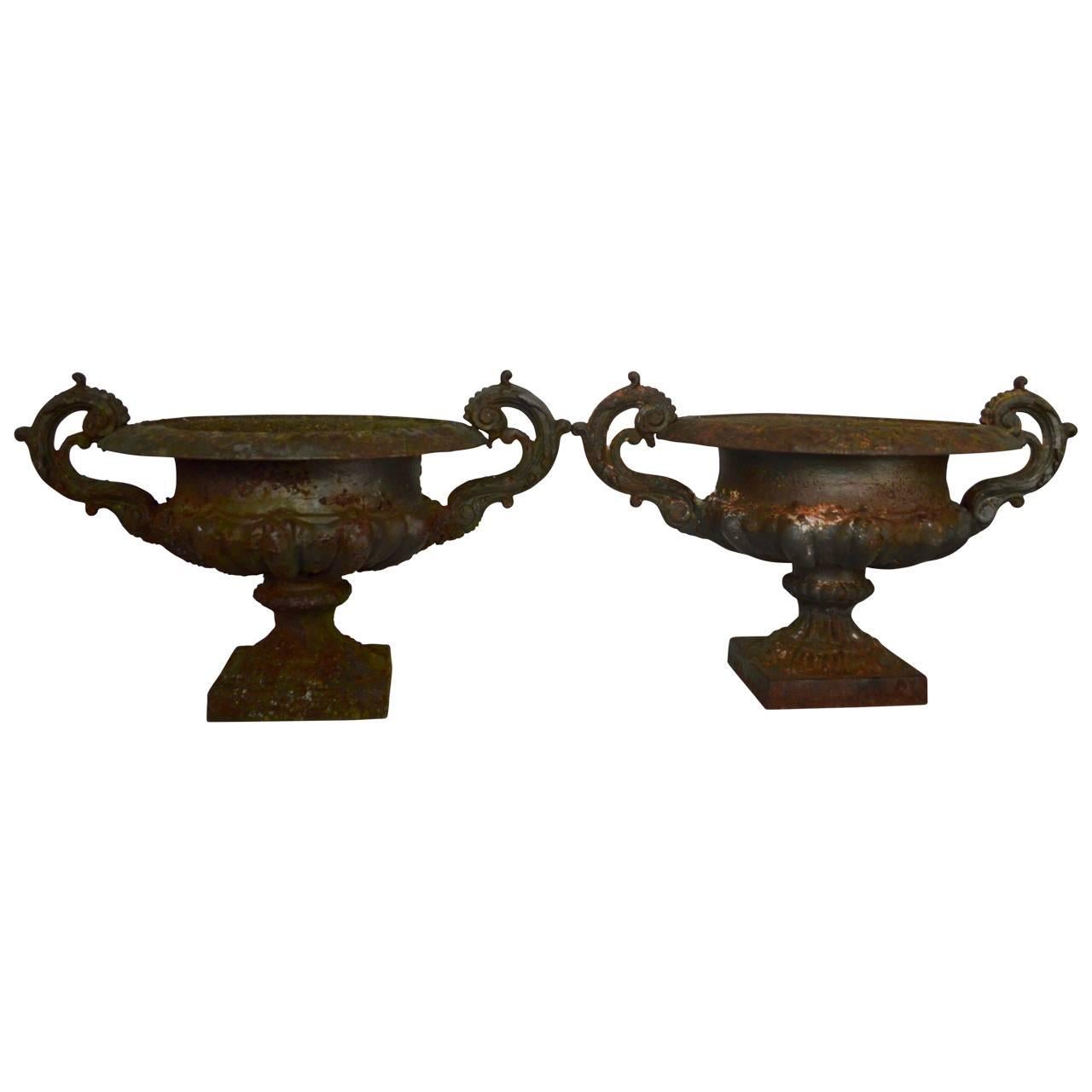 Embossed Pair of 19th Century French Cast Iron Planters or Urns For Sale