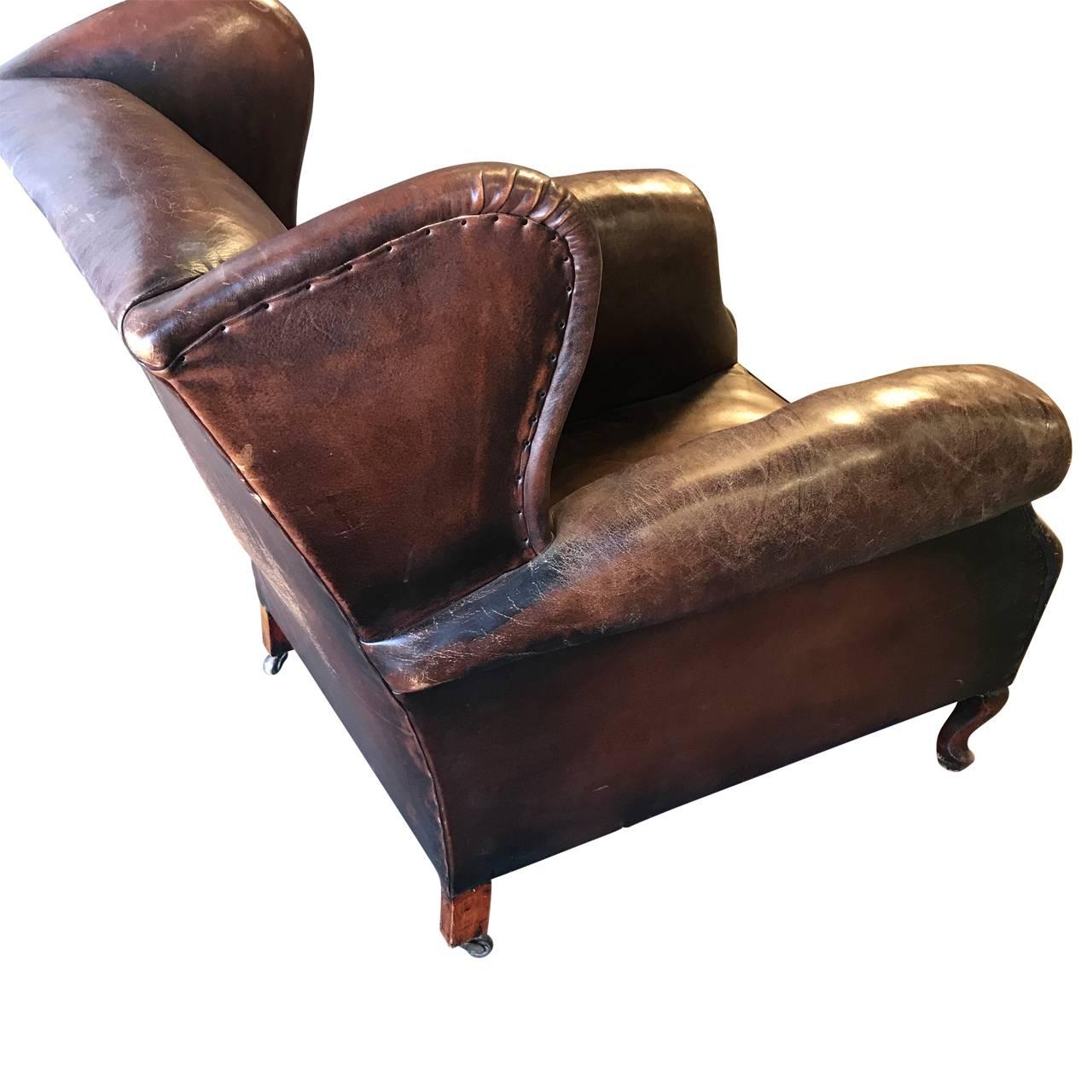 French Mid-Century Vintage Wing Back Leather Club Armchair