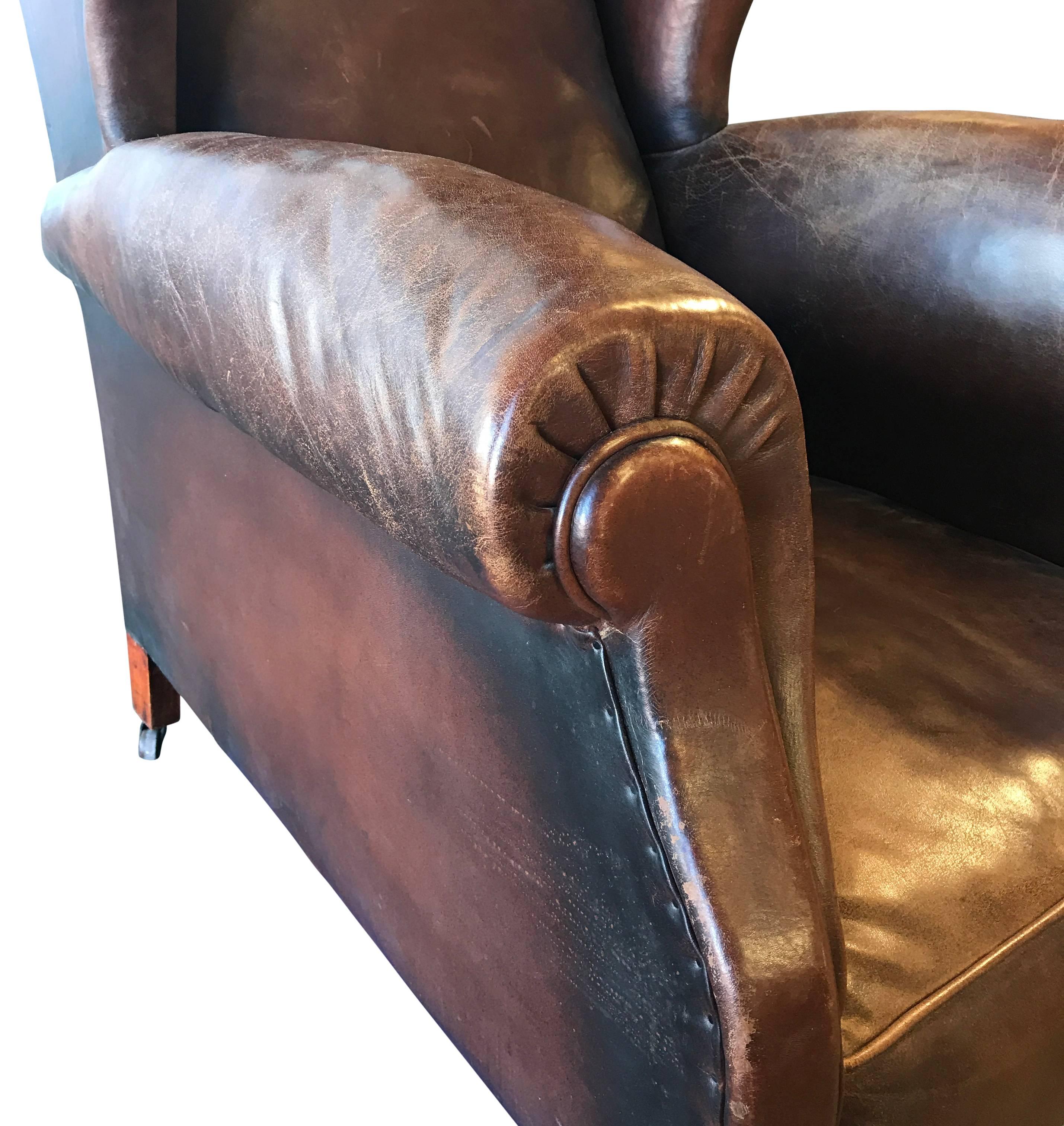 Mid-Century Vintage Wing Back Leather Club Armchair In Good Condition In Copenhagen, K