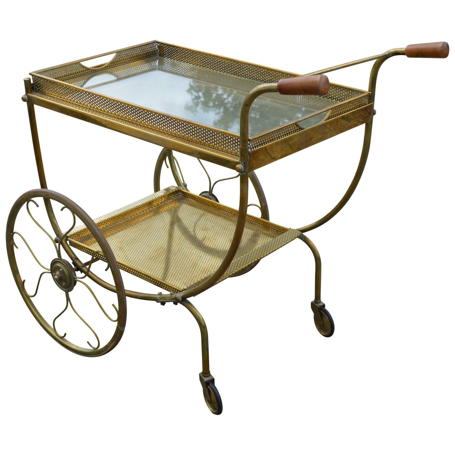 Polished Mid-Century Modern Brass Bar Cart For Sale