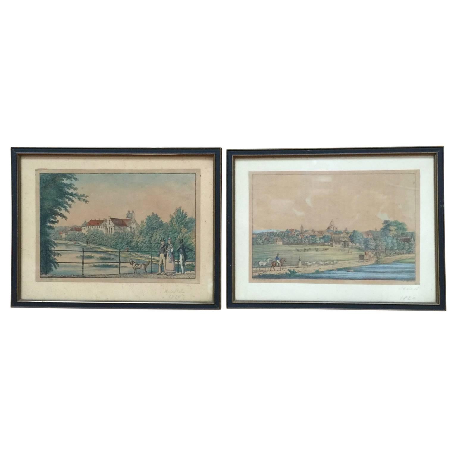 Gravures de paysages et de successions d'Herlufsholm et de Naestved du 19ème siècle