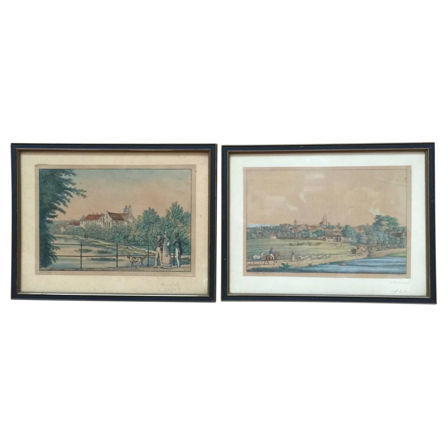 Hand-Painted 19th Century Engravings of Landscape and Estate of Herlufsholm and Naestved For Sale