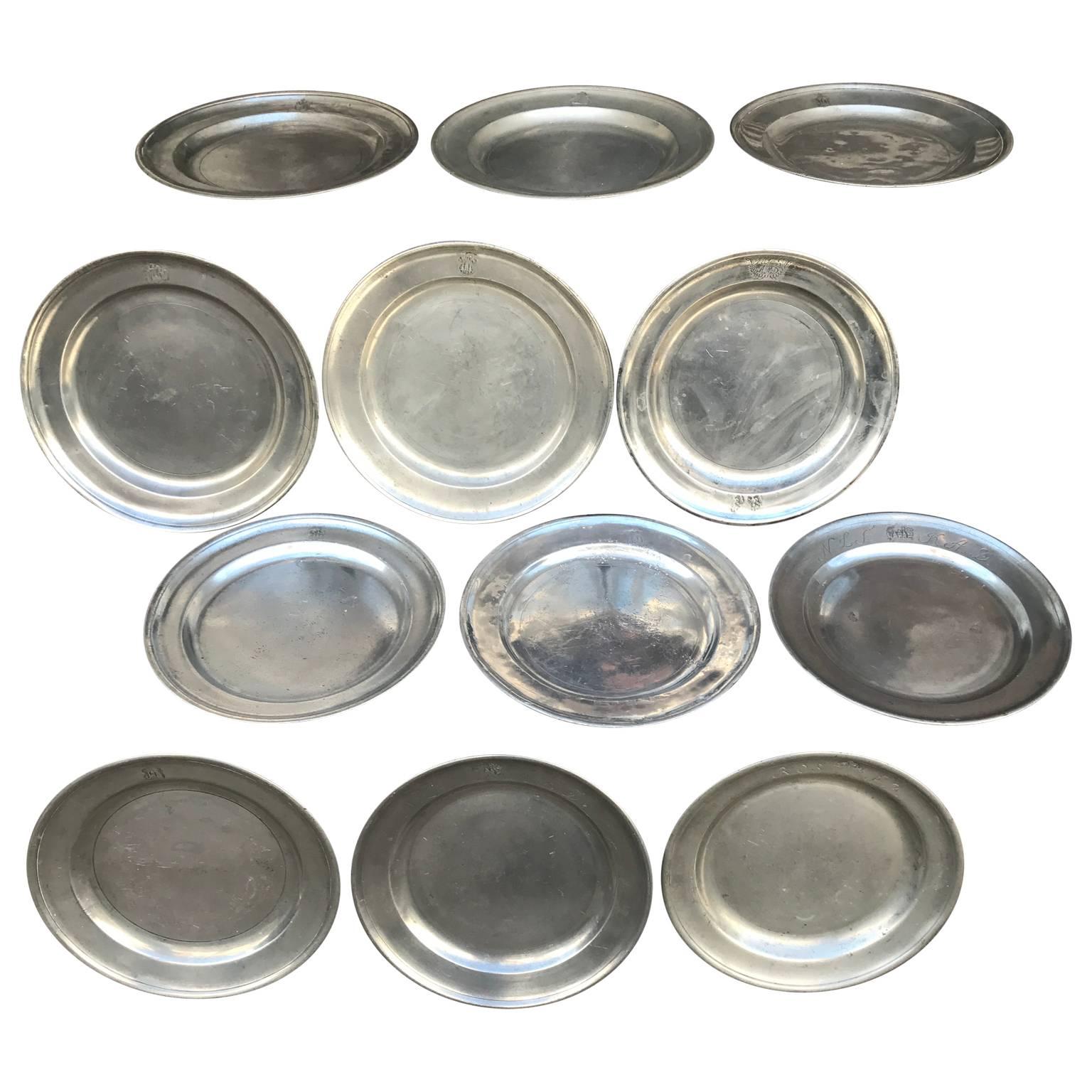 Collection of 12 pewter plates from different makers, same style and with only slight differences in size. Each have makings of Copenhagen makers.
 