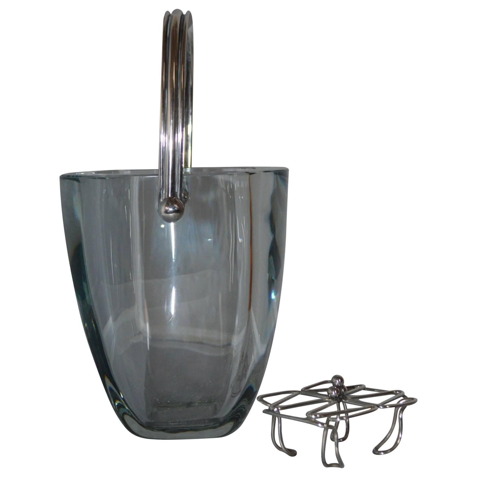 20th Century Glass and Sterling Silver Ice Bucket and Stand, Strombergshyttan, Sweden, 1970s For Sale