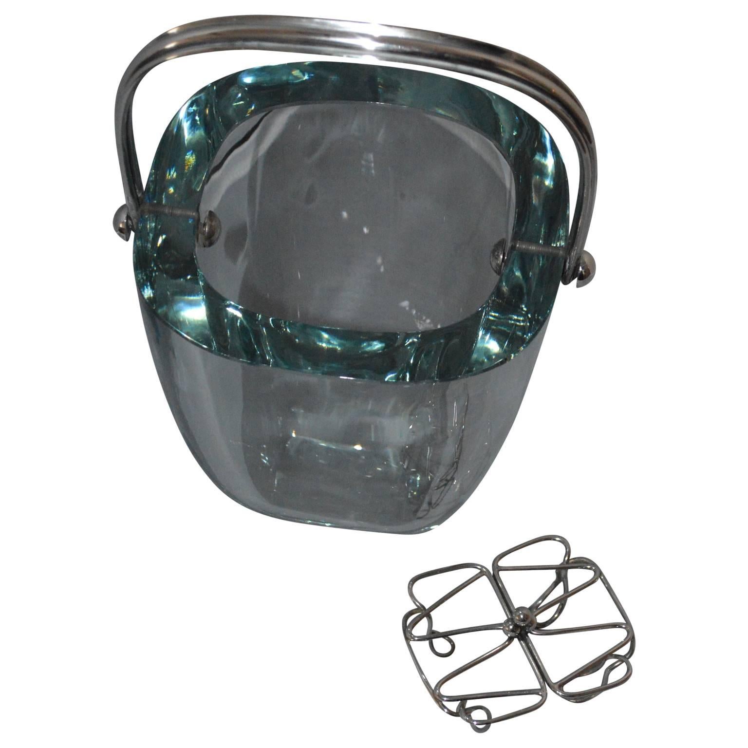 Scandinavian Modern Glass and Sterling Silver Ice Bucket and Stand, Strombergshyttan, Sweden, 1970s For Sale