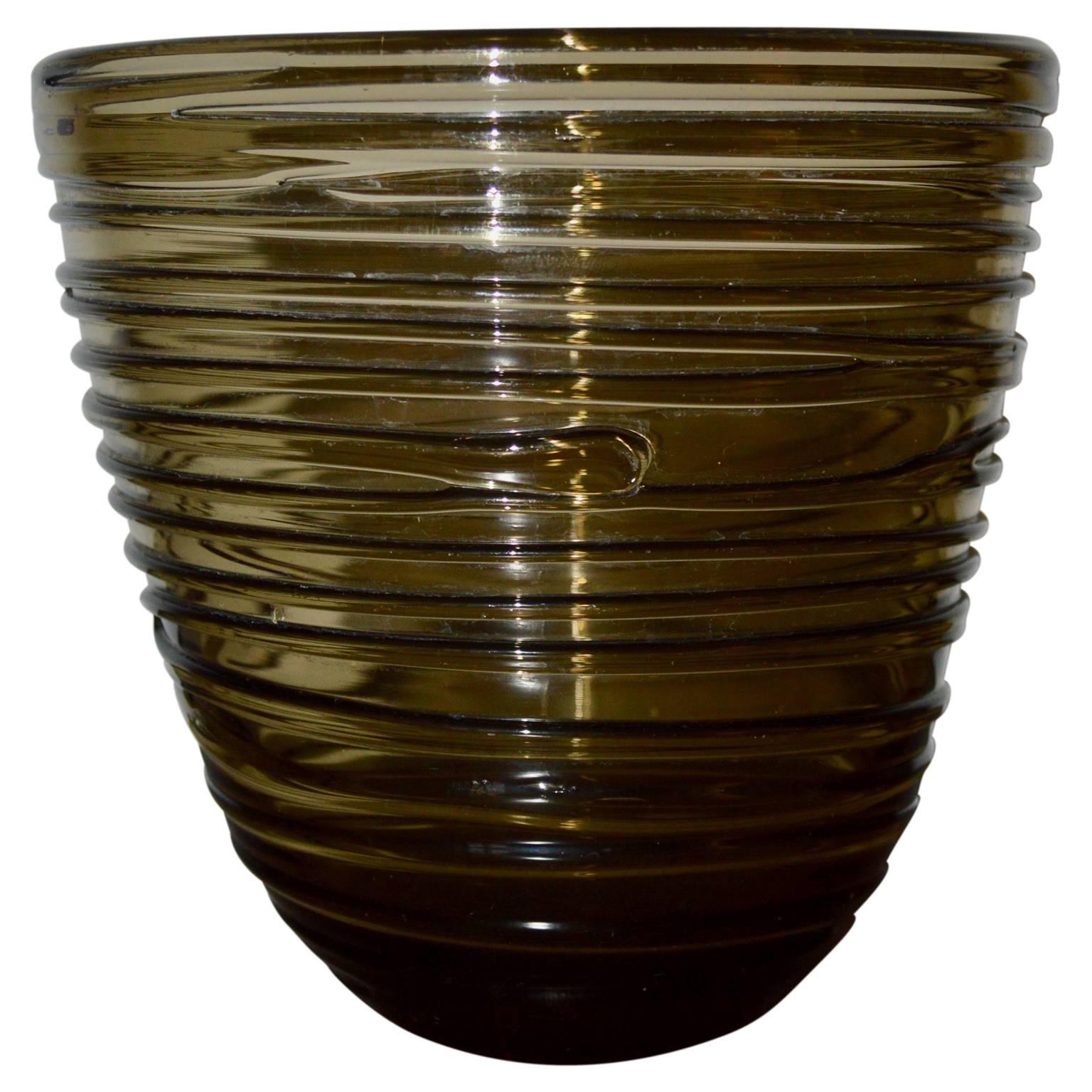 Smoked rifled brown tinted glass vase.
