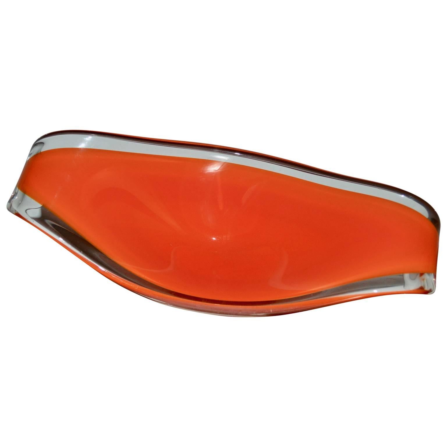 Art Glass Swedish Midcentury Flygfors Orange Bubblegum Centrepiece For Sale