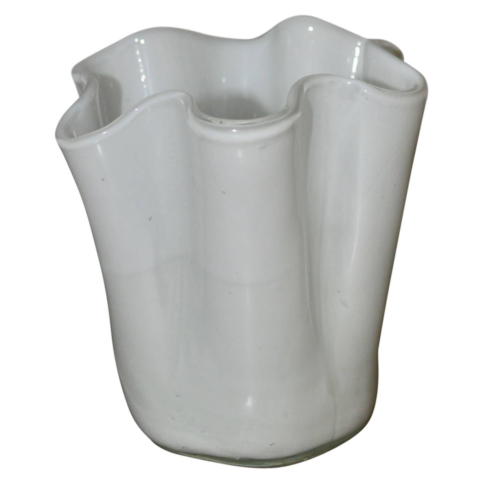 White opaque Murano handkerchief or Fazzoletto glass vase.