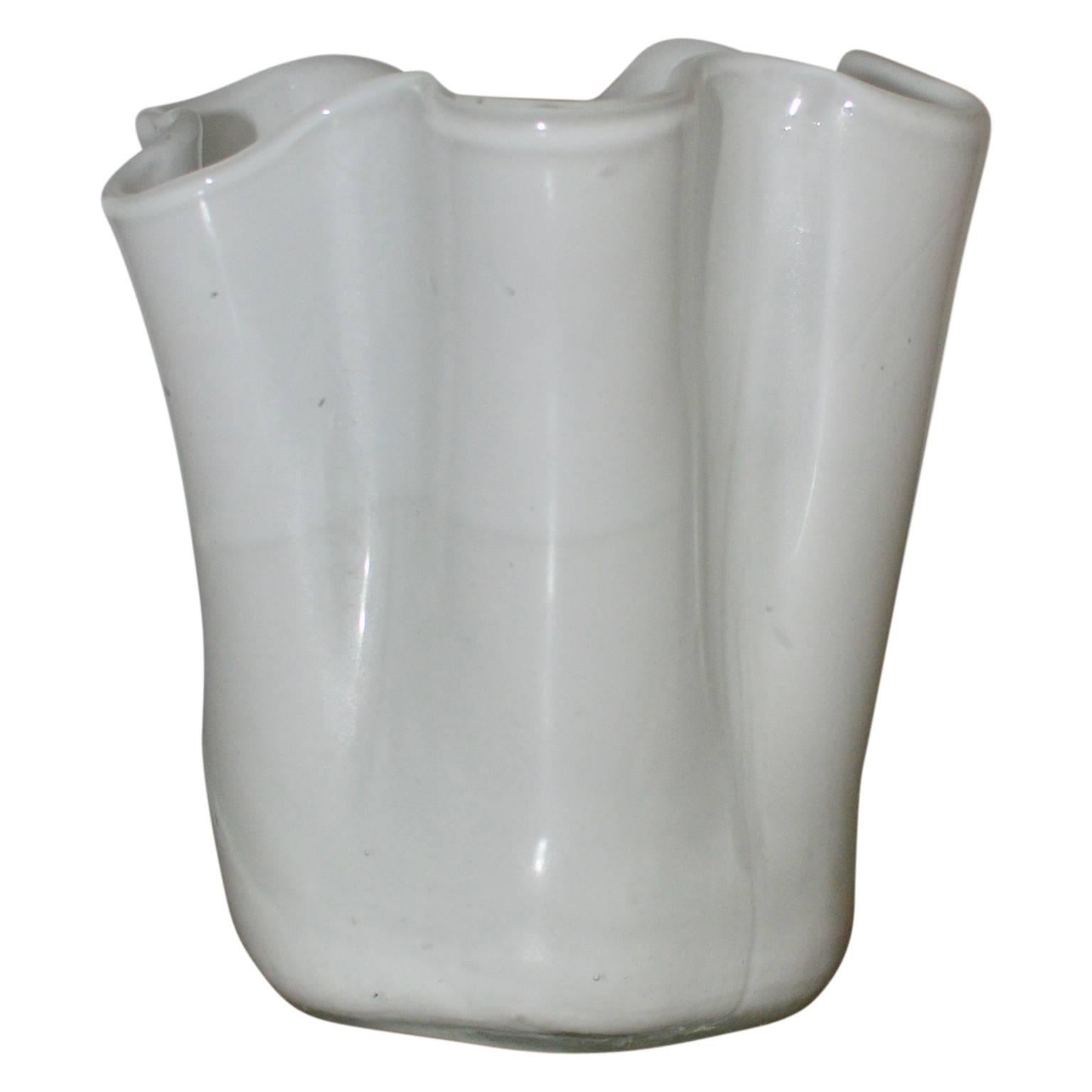 Mid-Century Modern White Opaque Murano Fazzoletto Glass Vase