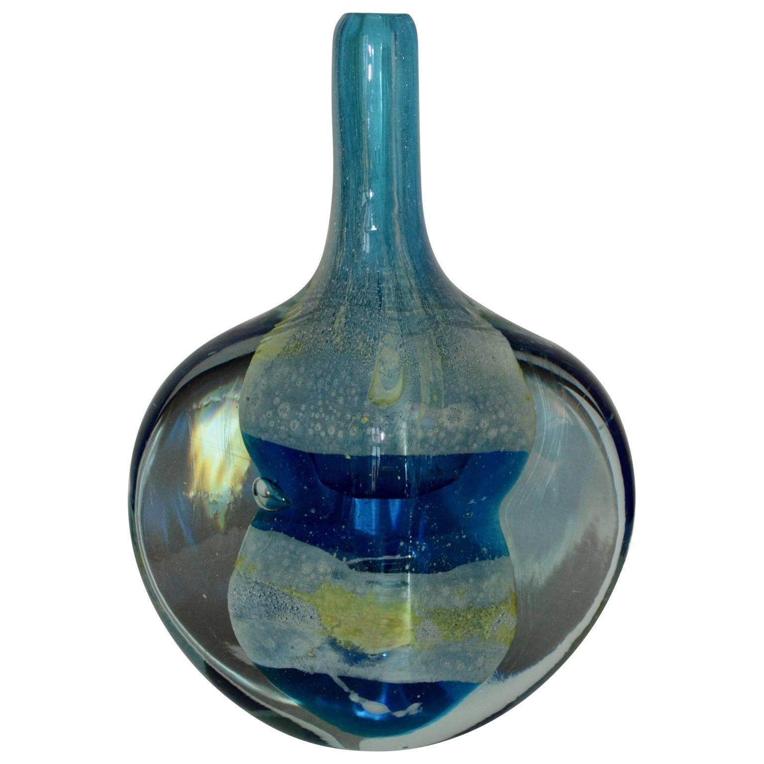 Mid-century Murano art glass vase or bottle for one flower, in wonderful blue colors. 