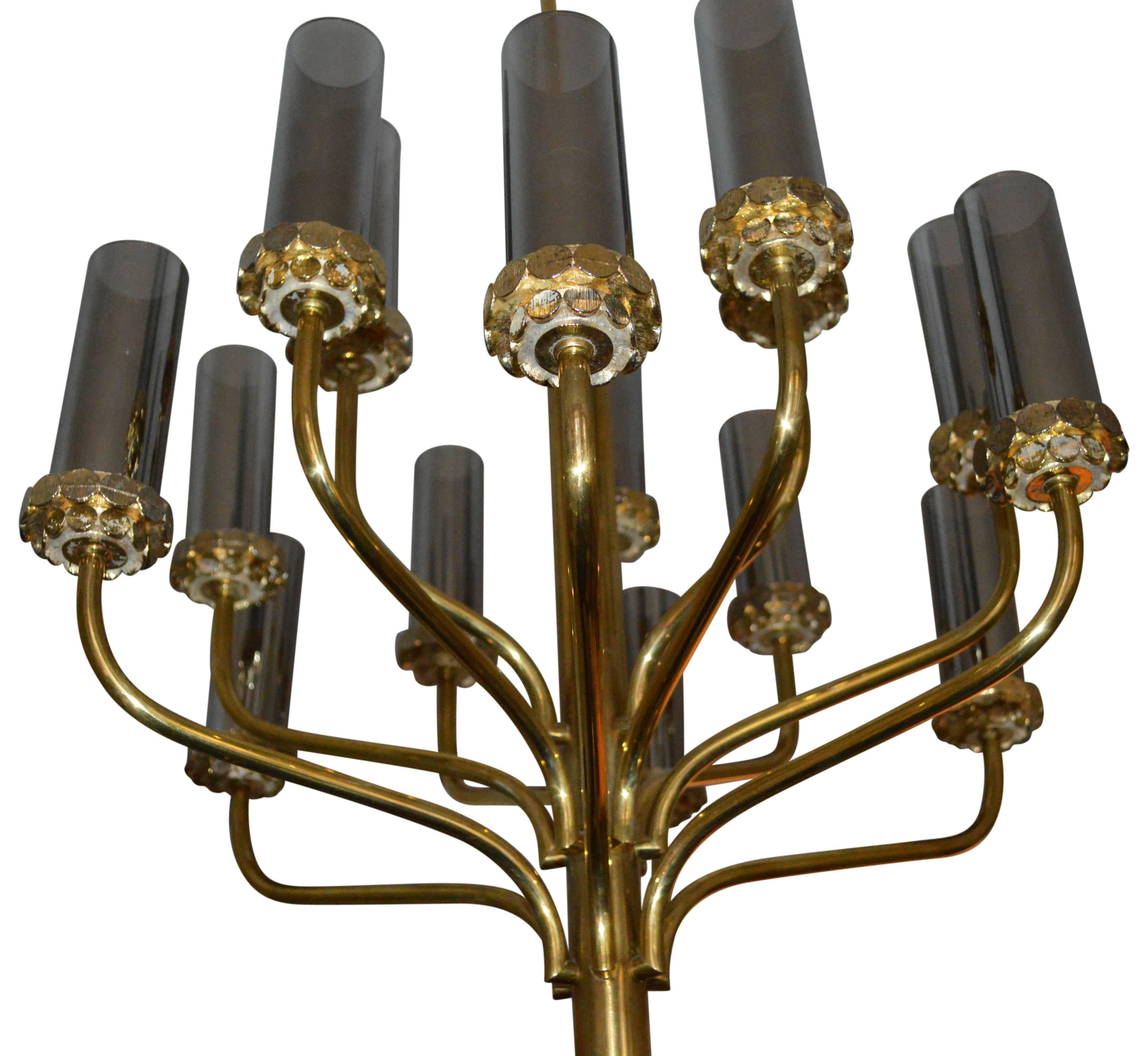 Large Midcentury Fifteen-Light Brass and Smoked Glass Chandelier 1
