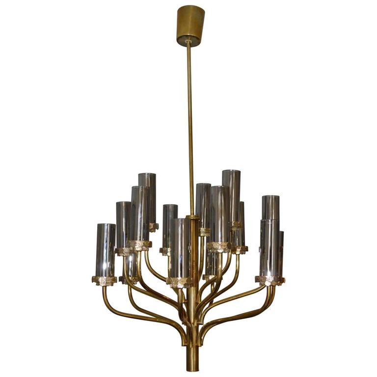 Large Midcentury Fifteen-Light Brass and Smoked Glass Chandelier For