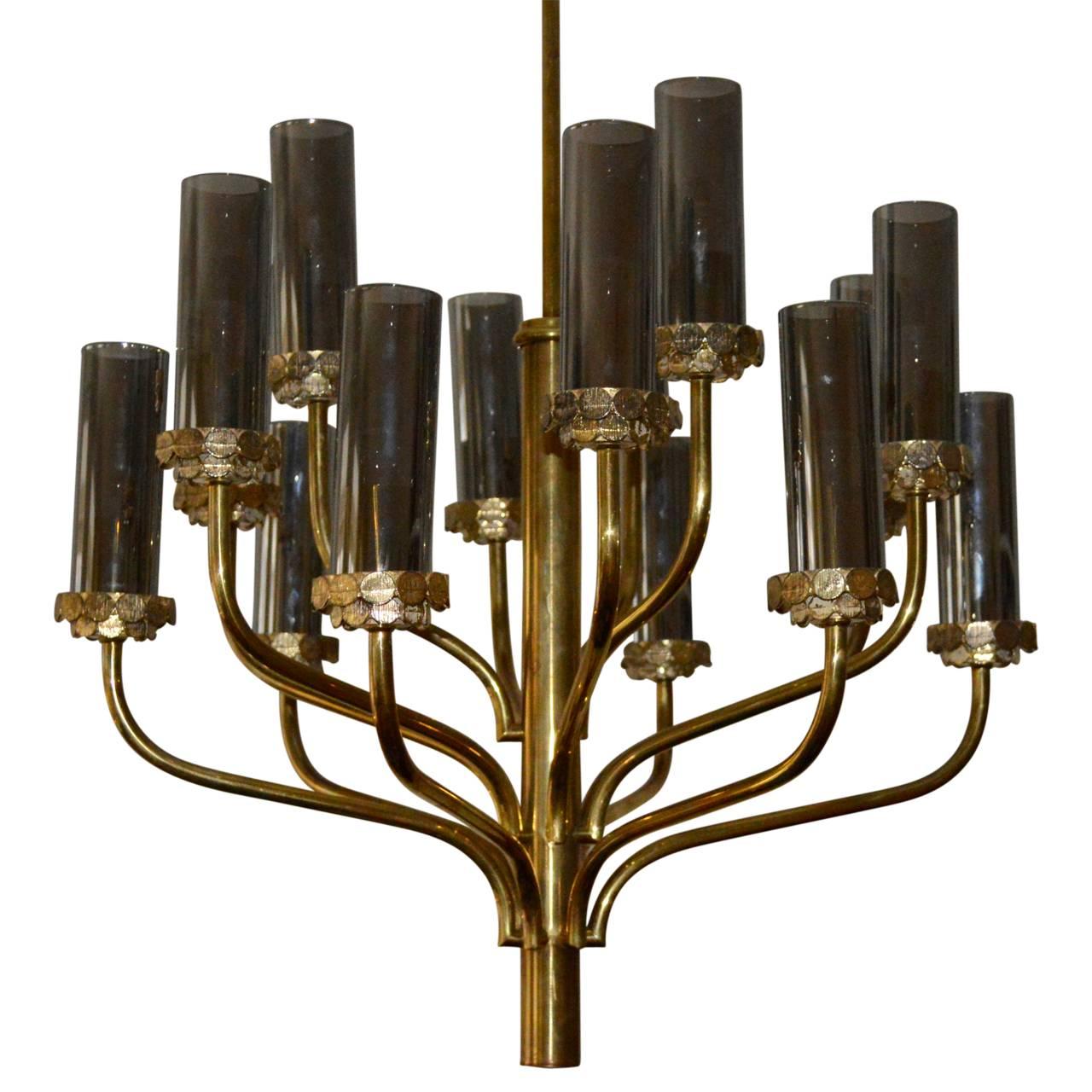 Large Midcentury Fifteen-Light Brass and Smoked Glass Chandelier 3