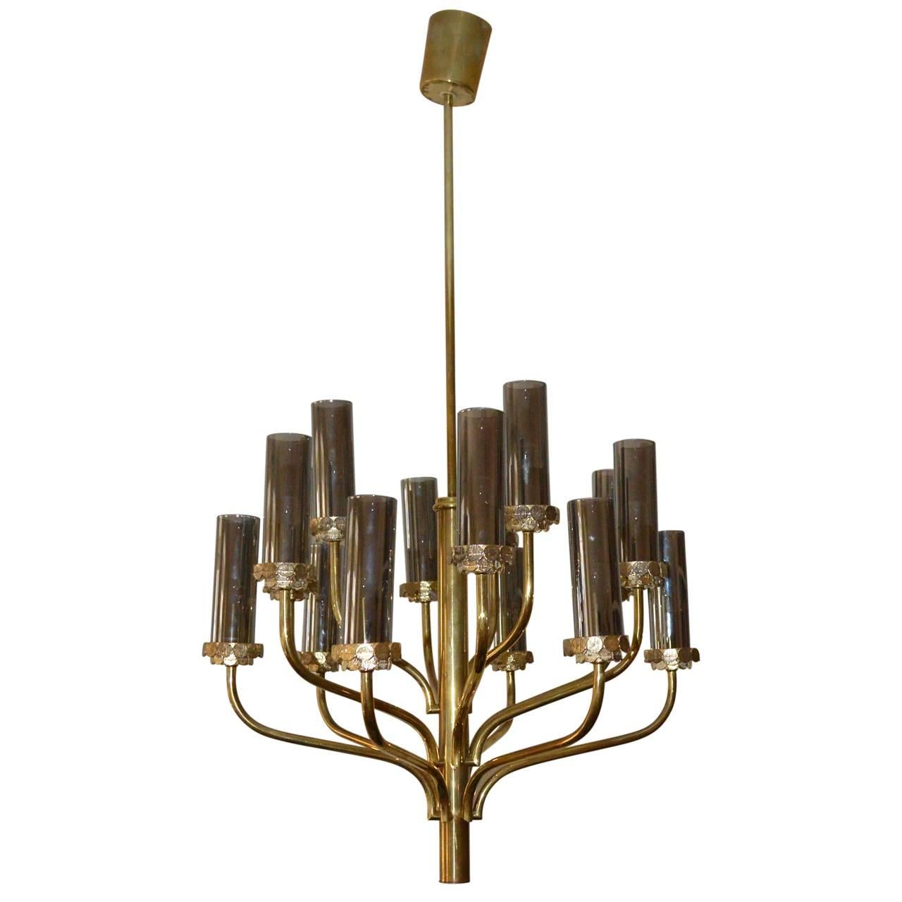 20th Century Large Midcentury Fifteen-Light Brass and Smoked Glass Chandelier