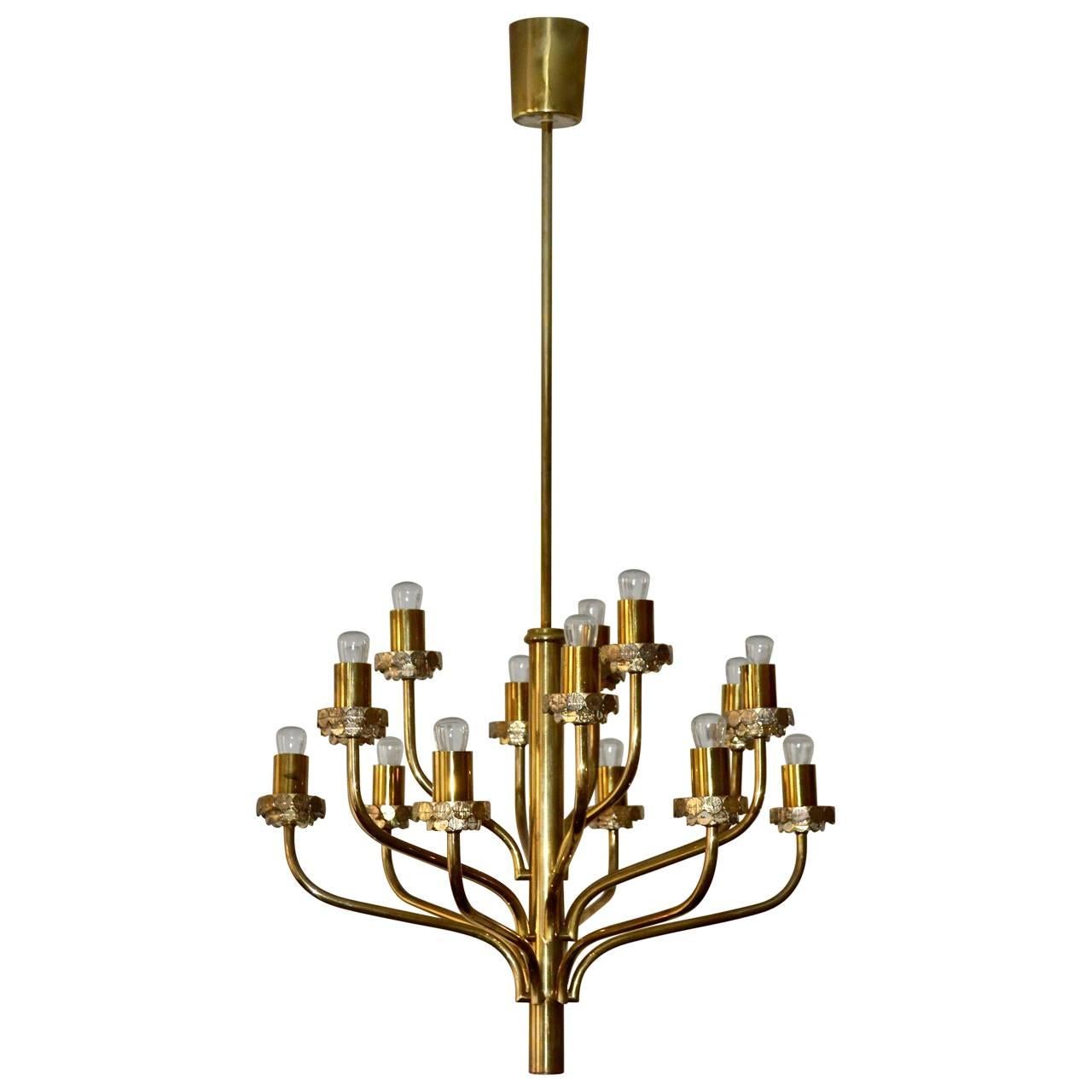 Mid-Century Modern Large Midcentury Fifteen-Light Brass and Smoked Glass Chandelier