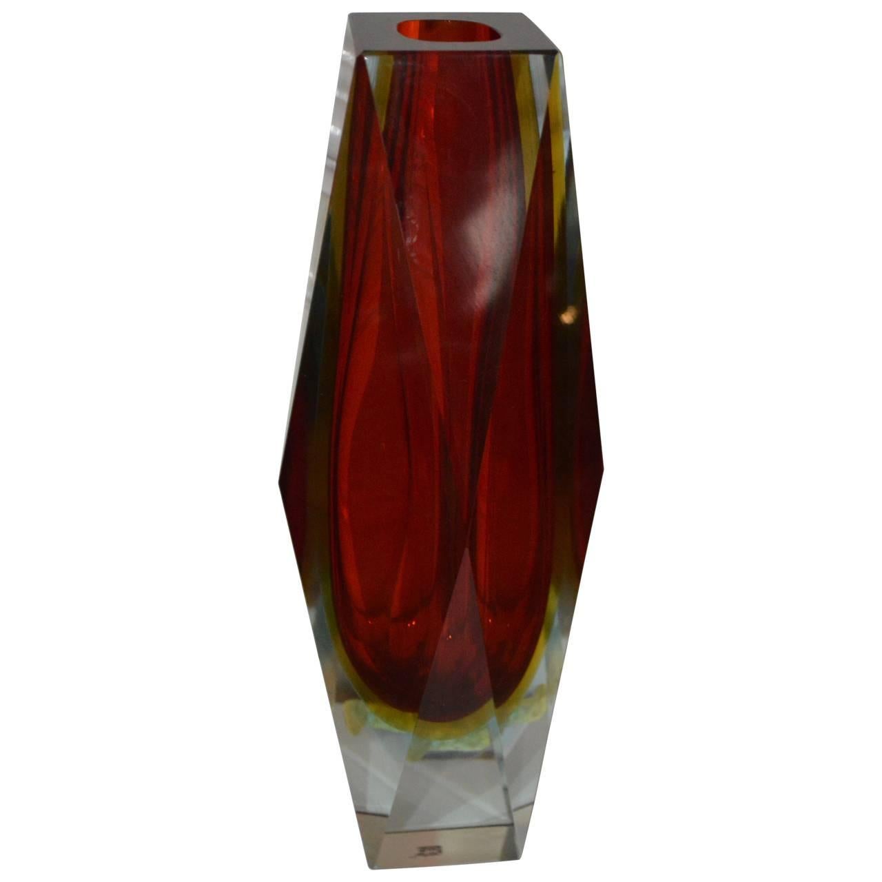 Art Glass Large Red Faceted Murano Vase