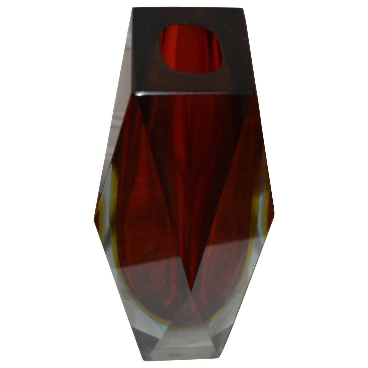 Italian Large Red Faceted Murano Vase
