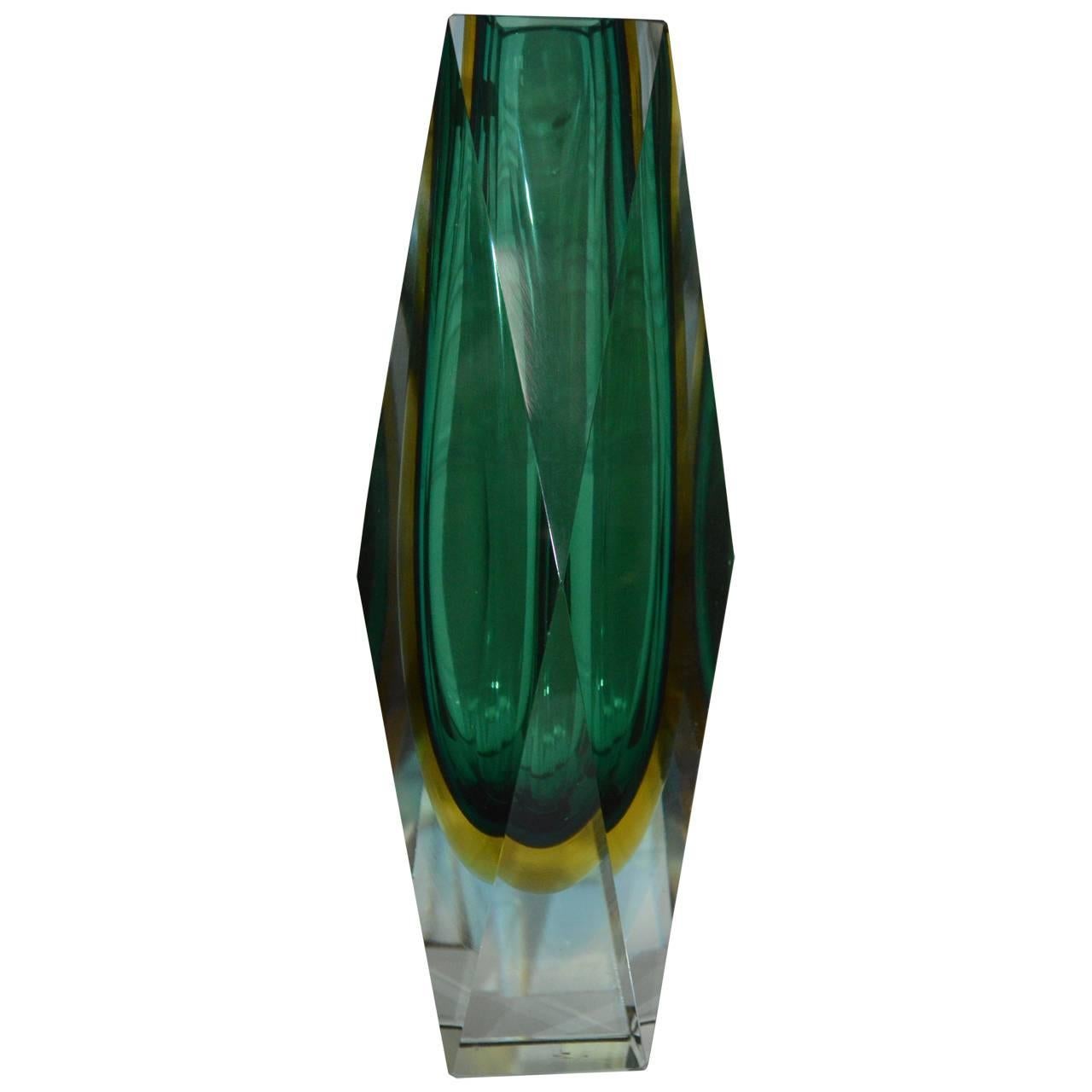 Mid-Century Modern Large Green Faceted Murano Vase