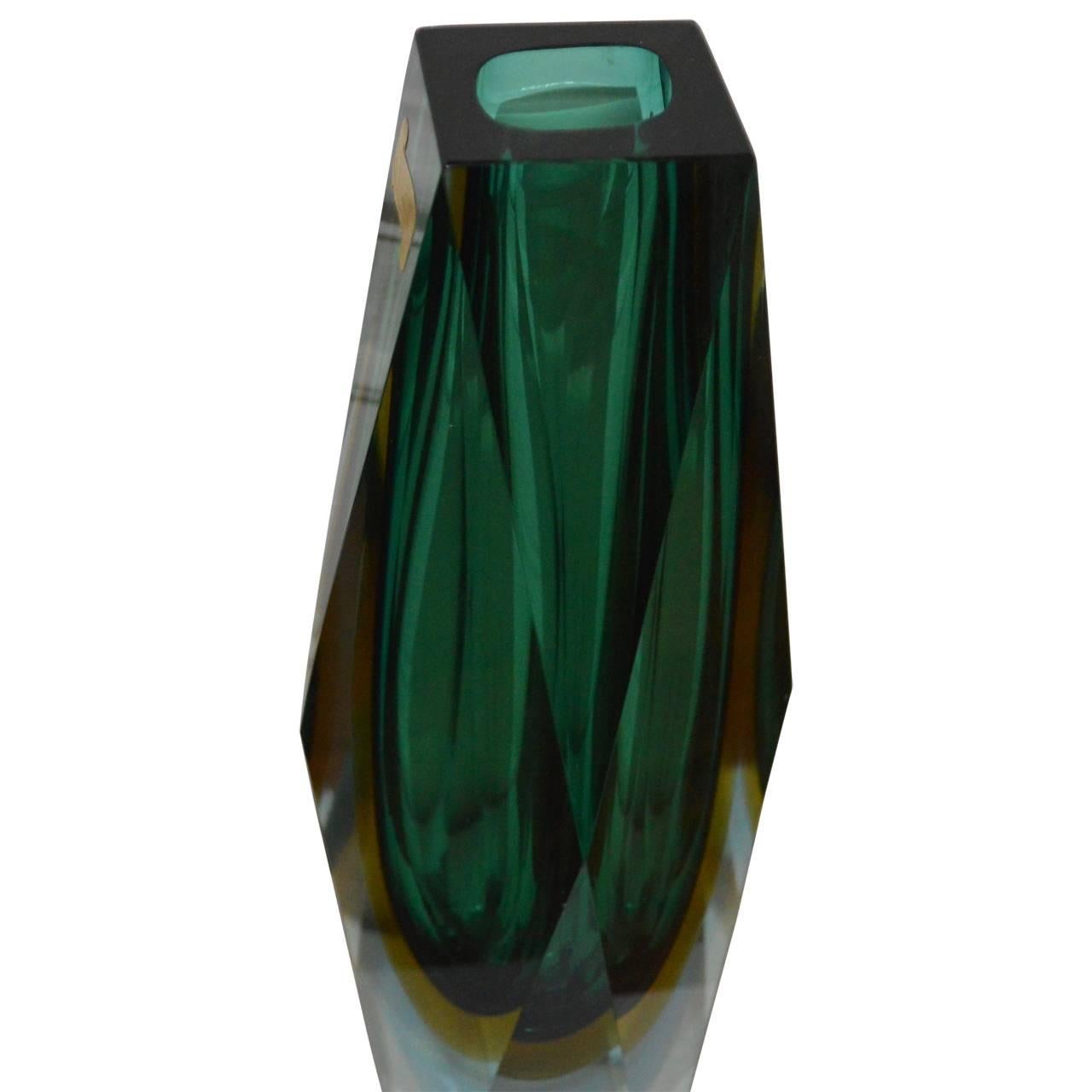 Art Glass Large Green Faceted Murano Vase