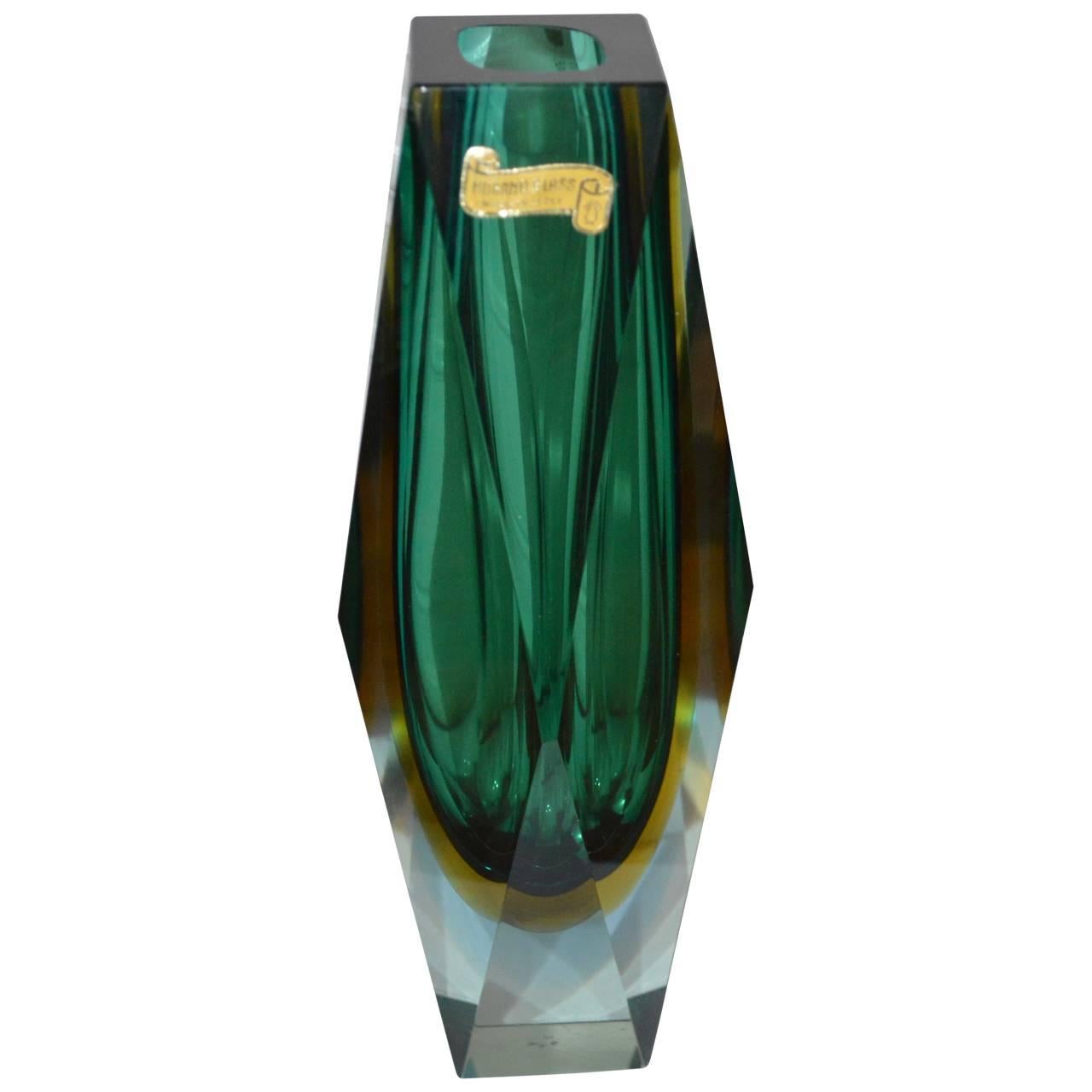 20th Century Large Green Faceted Murano Vase