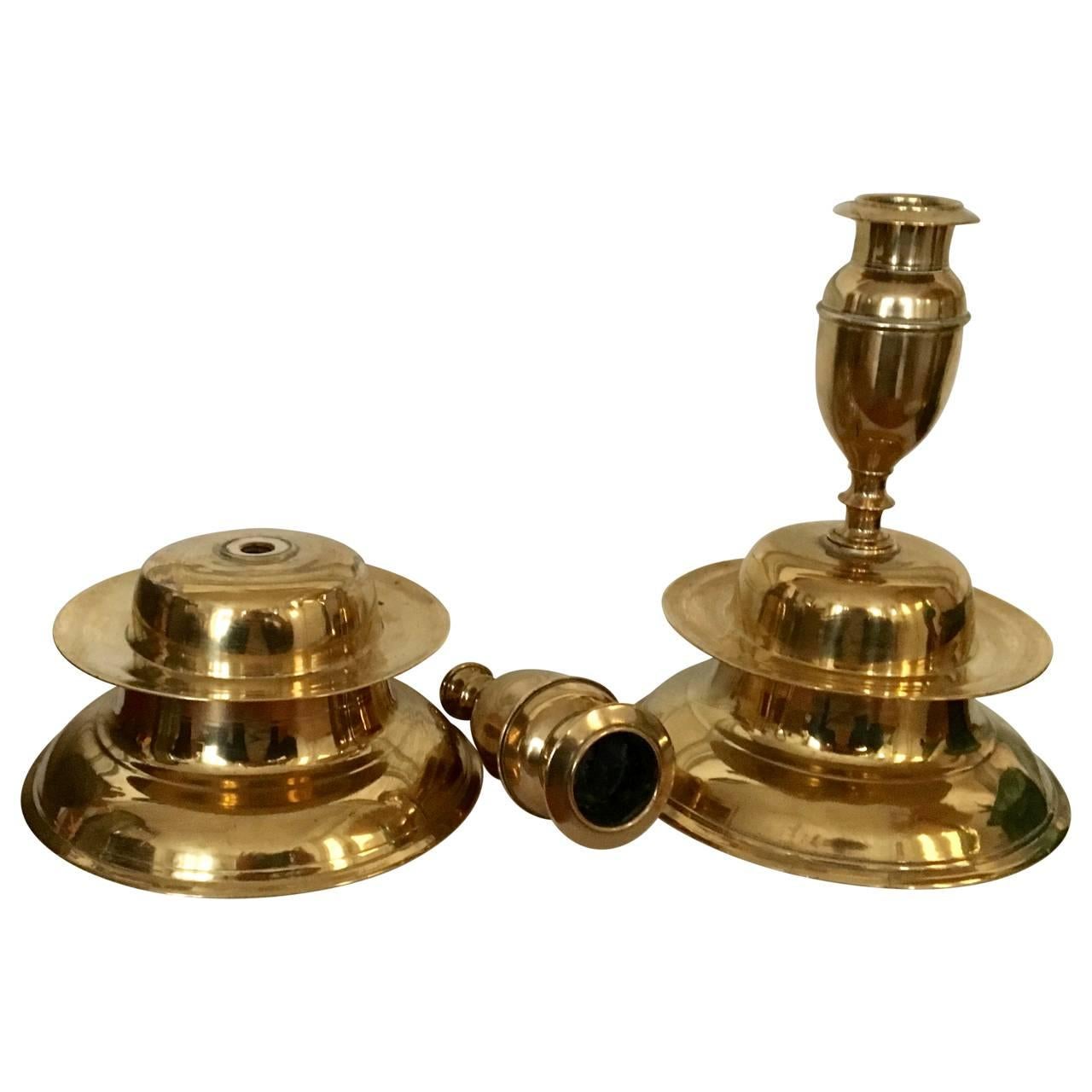 18th Century and Earlier 17th Century Pair of Brass Bell Candleholders