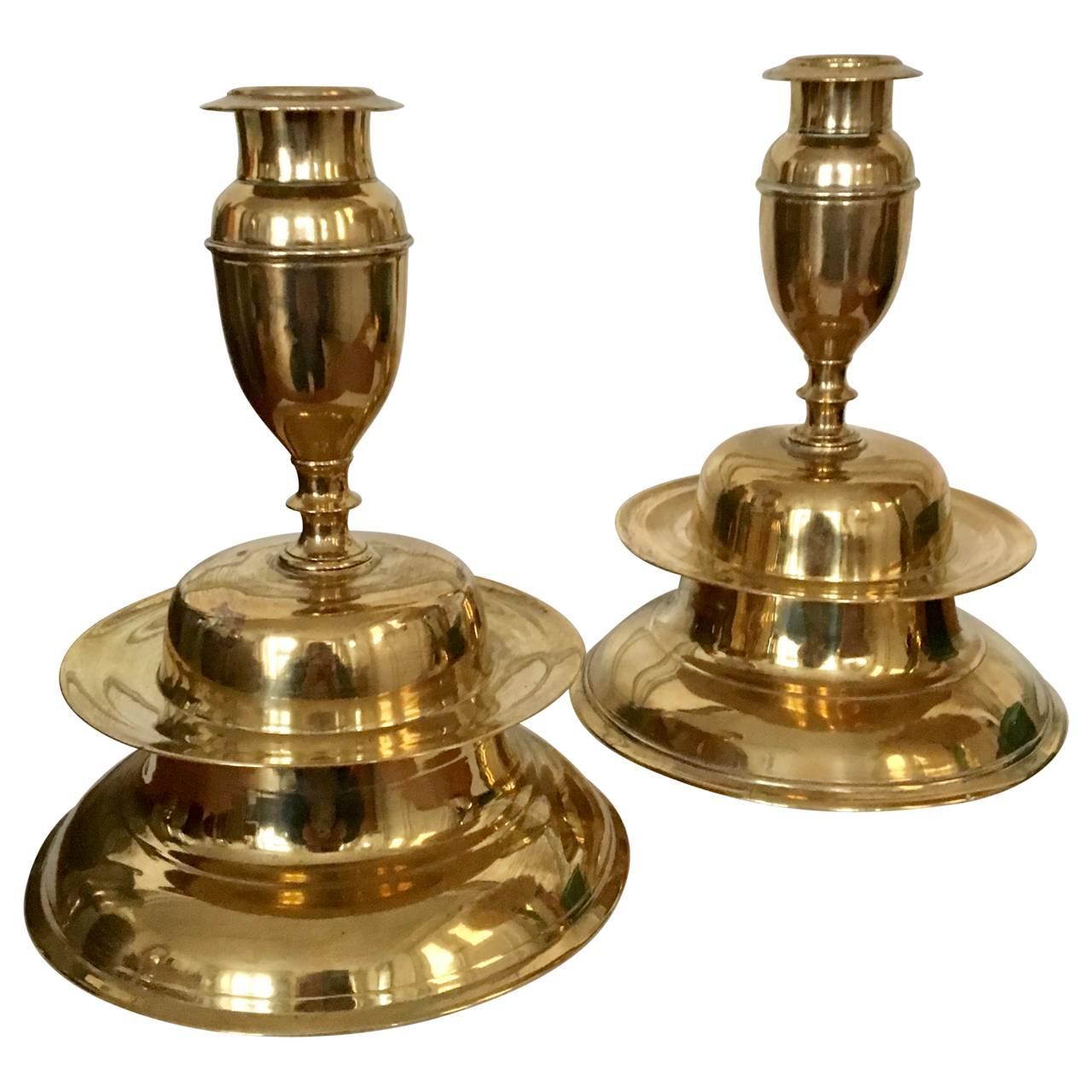 17th Century Pair of Brass Bell Candleholders