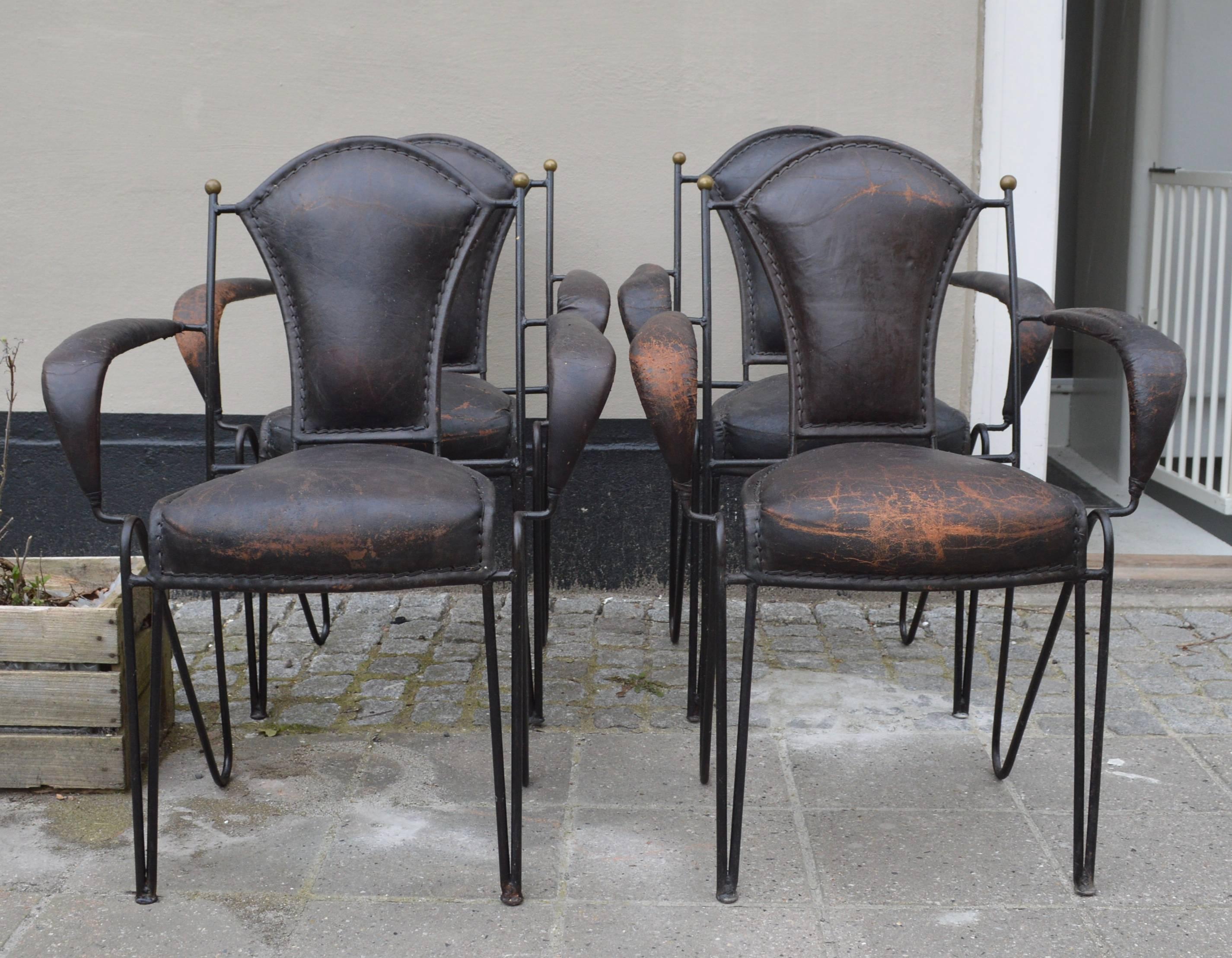 20th Century Set of Four French Iron and Leather Armchairs