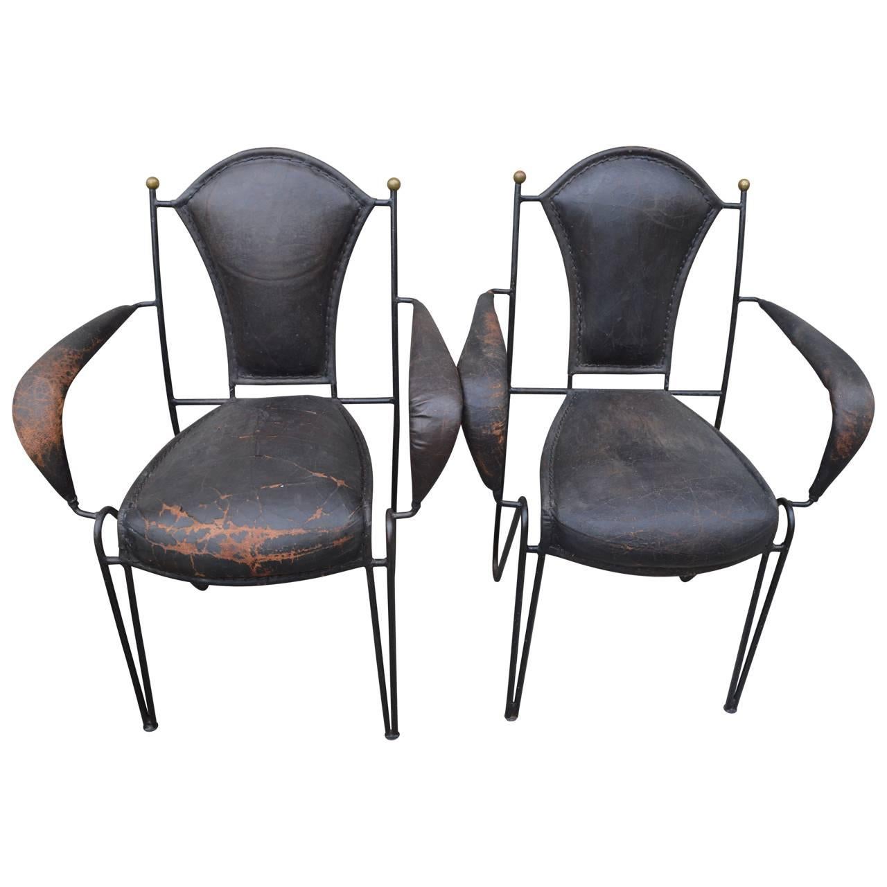 Mid-Century Modern Set of Four French Iron and Leather Armchairs