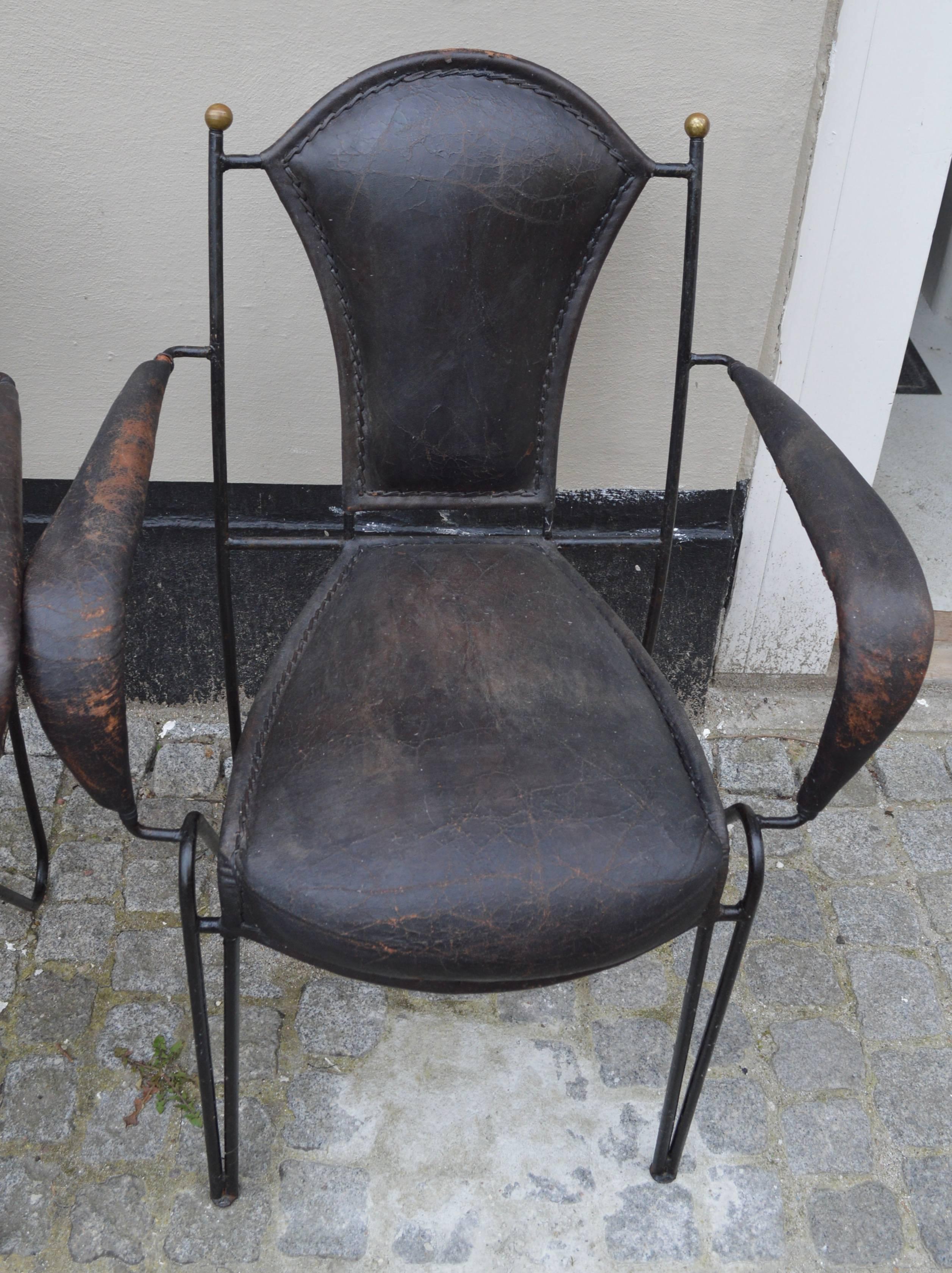 Set of Four French Iron and Leather Armchairs 4