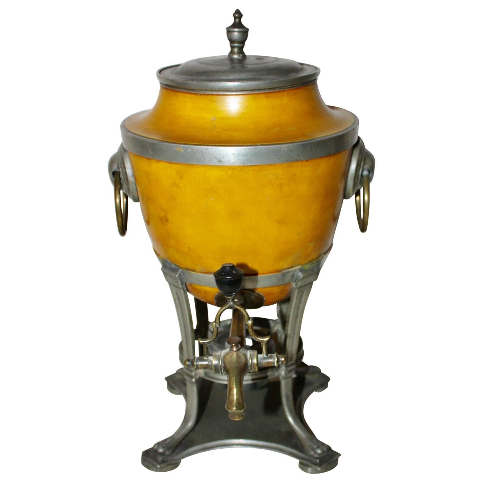 Amazing samovar in partly yellow cold-painted pewter and brass faucet.
